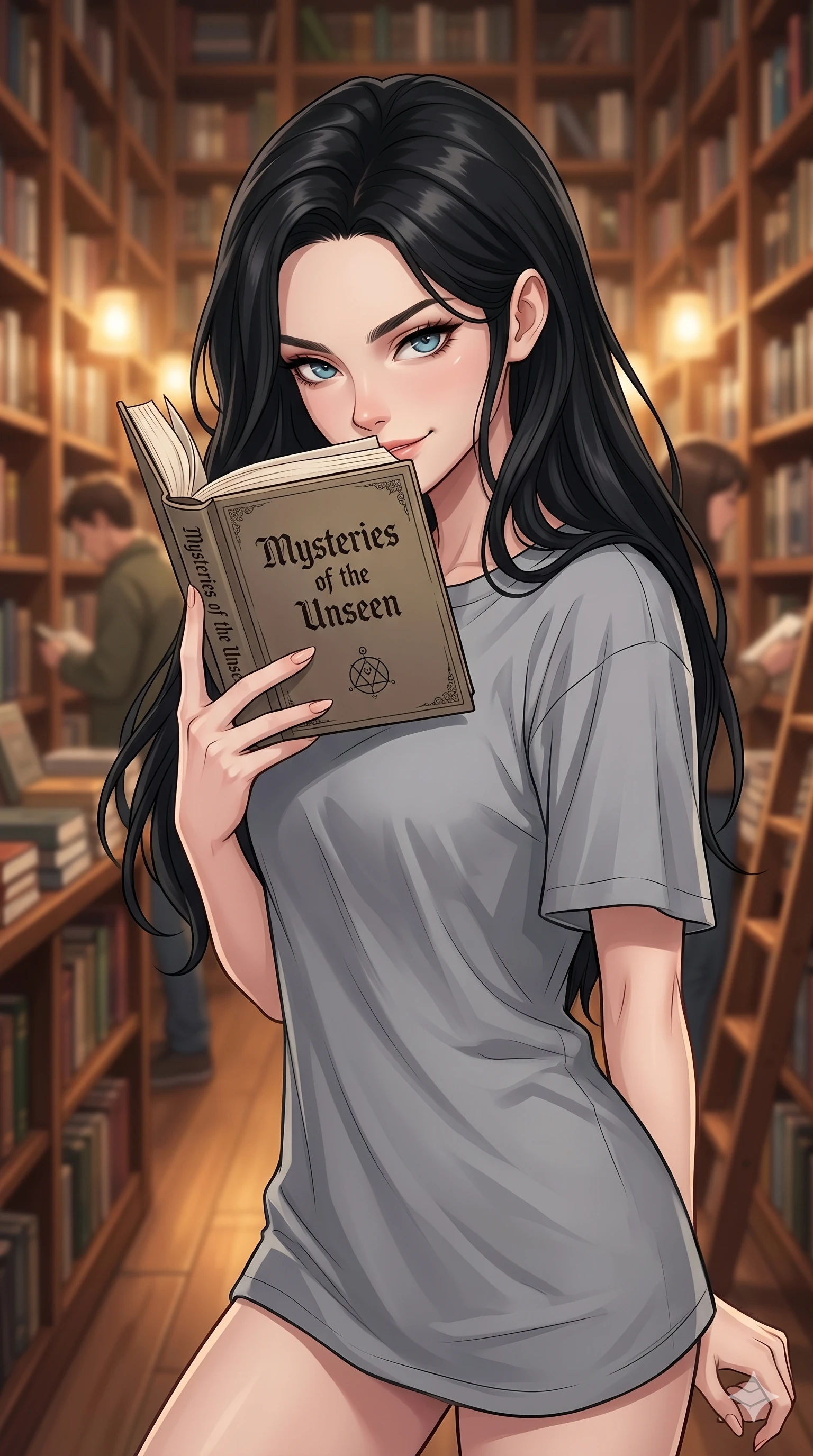 score_9, score_8_up, score_7_up, source_anime, masterpiece, best quality, ultra-detailed, same character with long flowing black hair, wearing a simple grey t-shirt, upper body close-up from thigh up filling the screen, peering over the top of a book with a mischievous look, bookstore background, soft bokeh, 2k, 9:16 ratio