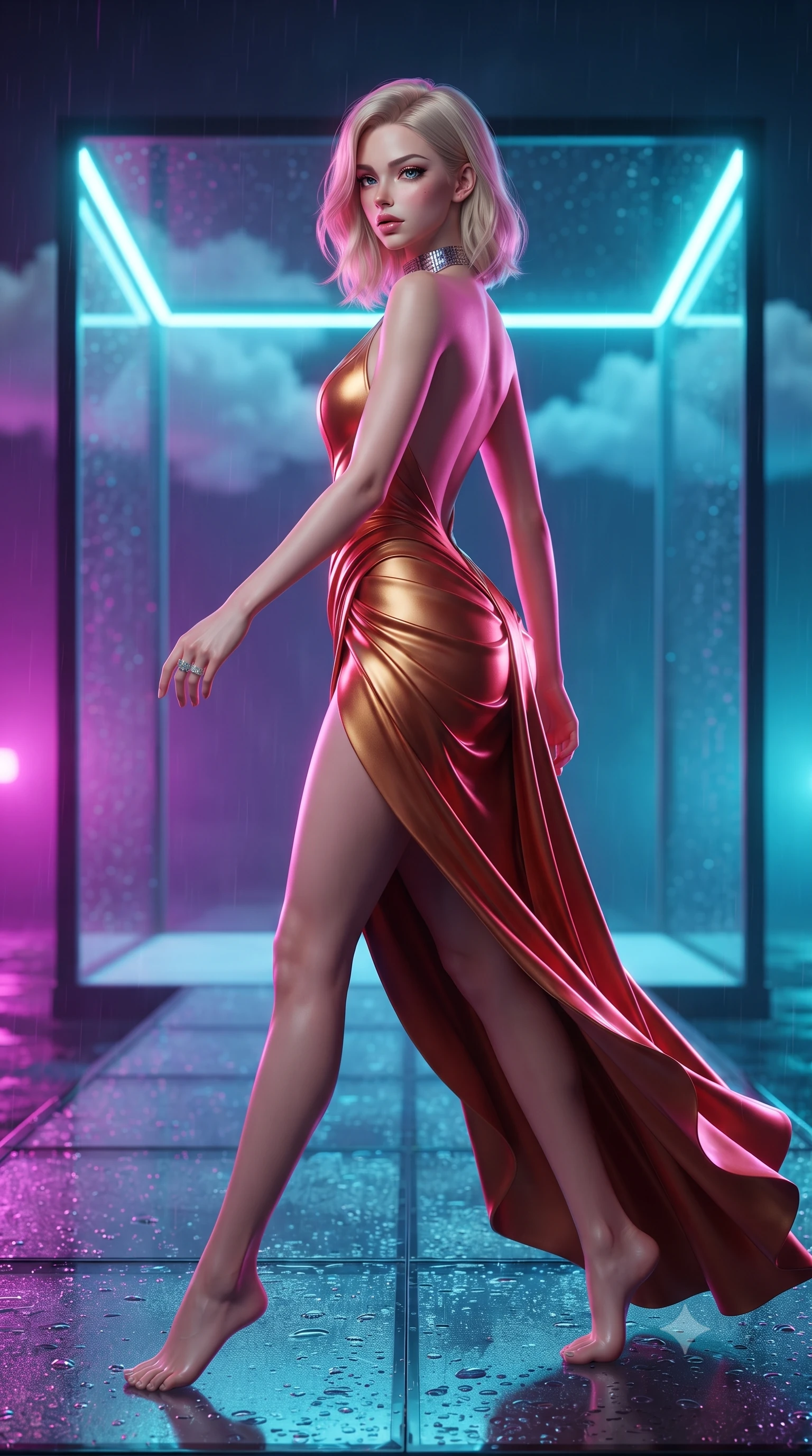 score_9, masterpiece, best quality, ultra-detailed, high-budget anime keyframe, editorial fashion photography, tasteful artistic composition, Caucasian woman. low angle full-body shot from head to toe showing her feet, filling the entire 9:16 vertical frame with her statuesque presence, stretching her vertical silhouette. striding forward in a proud supermodel runway stride, hips swaying in an alluring kinetic rhythm that accentuates her curvy hourglass silhouette while standing poised on the structural glass floor looking back over a bare shoulder, rain droplets glistening on the glass beneath her long slender legs. The composition keeps background elements in soft focus with creamy bokeh. sleek glasscube structural frame and passing rain clouds softened in futuristic shallow focus. She has an exceptionally tall and slender model-like 8.5-heads proportion, an ultra-slim waist, a flat toned midriff, narrow delicate ribcage, and beautifully sculpted feminine hips creating a graceful, slim hourglass silhouette without any bulky heaviness, with impossibly long slender legs. sharp v-shaped jawline, high-bridge nose, intricate jewel-like eyes with depth, thick eyelashes, glossy parted lips with a natural sheen, intensely captivating and seductive bedroom-eyes expression, flawlessly proportioned anatomical accuracy, strict slender model proportions, natural body alignment, perfectly sculpted long slender limbs, ultra-slim waistline, clean dynamic posture without body distortion. wearing an open-back duchess satin gala gown with a dramatic hip-hugging drape and cascading trailing hem in molten desert gold and burnt terracotta, formed from supple second-skin lambskin leather with specular sheen, complemented by a bold geometric choker and sparkling cocktail ring, the form-contouring material adhering flawlessly to her sculpted flat midriff and slender torso, emphasizing her long leg lines and perfectly proportioned willowy build. bathed in vibrant magenta and electric cyan neon underlights contrasting with cool night sky ambient fill. ultra-reflective glossy finish, specular highlights, rich textural contrasts, high-contrast stereoscopic depth, volumetric dynamic lighting, 2k, ultra detail, master piece, 9:16 ratio