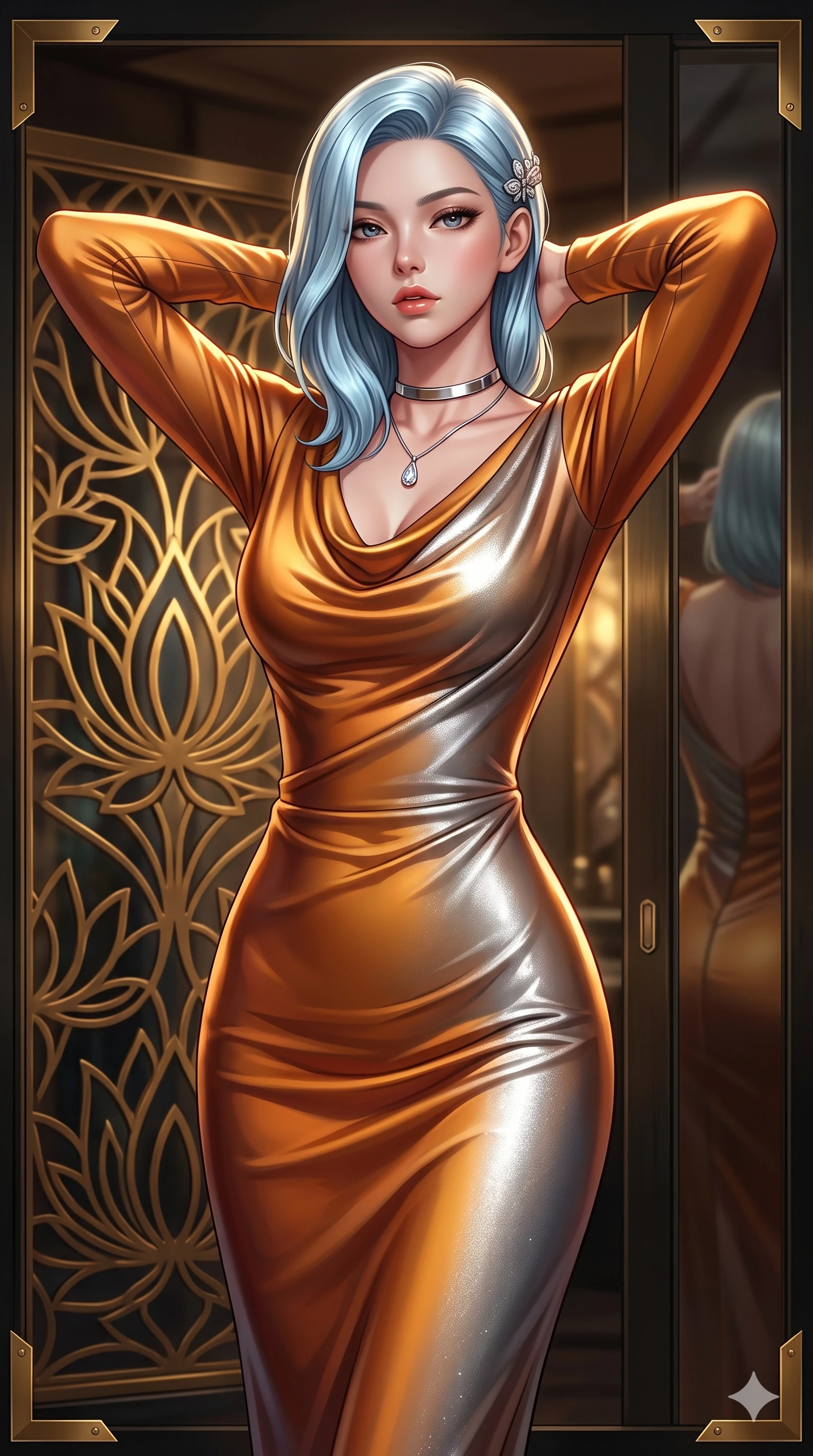 score_9, masterpiece, best quality, ultra-detailed, high-budget anime keyframe, semi-realistic 3D game render, editorial fashion photography, tasteful artistic composition, Korean woman. close-up cowboy shot from the waist and thighs up, the character dominates the composition, filling the frame with her large presence. resting both hands lightly behind her neck with elbows raised, arching her spine to highlight her narrow waist, flat midriff, and breathtaking collarbones while standing poised at the solarium entrance, arching her lower back with sovereign supermodel grace while adjusting her jeweled hair clasp. The surrounding environment is rendered in vivid detail and crisp panoramic clarity: sharp brass lotus screen filigree cuts, mirror reflections on smoked glass, and crisp brass corner brackets in deep focus. She has an exceptionally elegant, slender, and willowy female figure with an ultra-slim waist, flat toned midriff, narrow ribcage, and sculpted feminine hips creating an alluring, slim hourglass silhouette without bulk. sharp v-shaped jawline, high-bridge nose, intricate jewel-like sparkling eyes with depth, thick eyelashes, glossy parted lips with a natural sheen, intensely captivating and seductive bedroom-eyes expression, exuding both youthful cute charm and sovereign luxury allure, flawlessly proportioned anatomical accuracy, strict slender model proportions, natural body alignment, perfectly sculpted long slender limbs, ultra-slim waistline, clean dynamic posture without body distortion. wearing a modest long-sleeve cowl-neck satin column gown draping gracefully to the floor with aristocratic poise in cosmic eclipse amber and starlight diamond, tailored from heavy double-faced silk georgette with an exceptionally fluid drape, finished with a minimalist chrome choker and a single teardrop diamond pendant, the impeccably tailored cut draping gracefully along her slender figure with aristocratic poise. bathed in low-key, high-contrast chiaroscuro lighting with narrow amber and gold spotlights on the table. highly saturated vibrant anime colors, detailed shading with soft gradients, rich glossy textures, high-contrast stereoscopic depth, volumetric dynamic lighting, master piece, 9:16 ratio