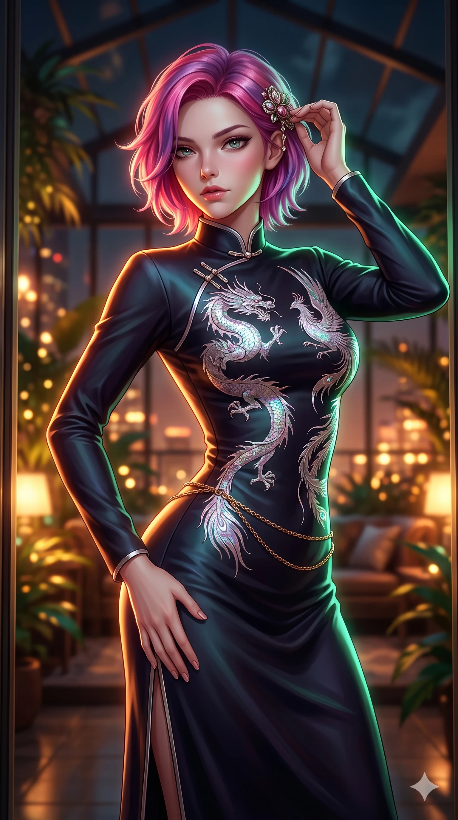score_9, masterpiece, best quality, ultra-detailed, high-budget anime keyframe, semi-realistic 3D game render, editorial fashion photography, tasteful artistic composition, Caucasian woman. close-up cowboy shot from the waist and thighs up, the character dominates the composition, filling the frame with her large presence. arching her spine backward with effortless dancer poise, one hand sliding along her hip line as directional light carves specular highlights along her silhouette while standing poised at the solarium entrance, arching her lower back with sovereign supermodel grace while adjusting her jeweled hair clasp. The background shows a soft-focus exclusive high-stakes solarium atmosphere softened in private penthouse lounge shallow focus. She has an exceptionally elegant, slender, and willowy female figure with an ultra-slim waist, flat toned midriff, narrow ribcage, and sculpted feminine hips creating an alluring, slim hourglass silhouette without bulk. sharp v-shaped jawline, high-bridge nose, intricate jewel-like sparkling eyes with depth, thick eyelashes, glossy parted lips with a natural sheen, intensely captivating and seductive bedroom-eyes expression, exuding both youthful cute charm and sovereign luxury allure, flawlessly proportioned anatomical accuracy, strict slender model proportions, natural body alignment, perfectly sculpted long slender limbs, ultra-slim waistline, clean dynamic posture without body distortion. wearing an aristocratic high-neck Mandarin collar long-sleeve silk cheongsam evening gown with embroidered dragon-and-phoenix crests in iridescent mother-of-pearl and liquid molten silver, tailored from heavy double-faced silk georgette with an exceptionally fluid drape, accented with a delicate gold chain belt resting loosely on her curvy hips, the bespoke structured tailoring following the natural line of her 8.5-heads silhouette with refined elegance. illuminated by polished table bounce and sharp emerald-amber rim lights defining her razor-sharp jawline, narrow waist, and curvy hips. highly saturated vibrant anime colors, detailed shading with soft gradients, rich glossy textures, high-contrast stereoscopic depth, volumetric dynamic lighting, master piece, 9:16 ratio