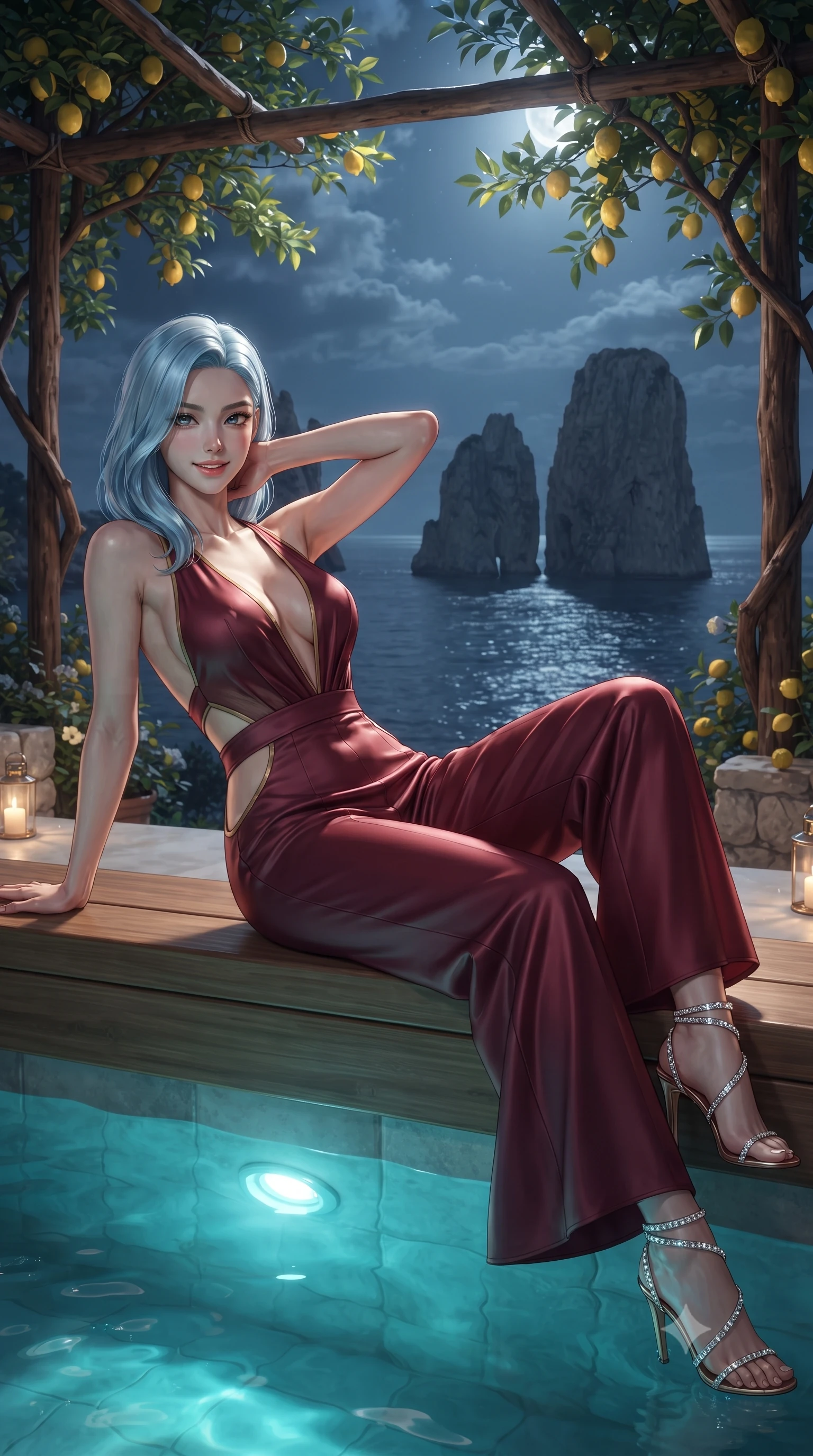 score_9, masterpiece, best quality, ultra-detailed, high-budget anime keyframe, editorial fashion photography, tasteful artistic composition, Korean woman. close-up cowboy shot from the waist and thighs up, the character dominates the composition, filling the frame with her large presence. resting both hands lightly behind her neck with elbows raised, arching her spine to highlight her narrow waist, flat midriff, and breathtaking collarbones while lounging on the wide teak spa ledge propped on one elbow, her statuesque 8.5-heads silhouette commanding the moonlit Capri shoreline. The background shows a soft-focus monumental Faraglioni limestone sea stacks rising from the dark sea, fragrant yellow lemon trees on rustic chestnut pergolas, and coastal fog blurred into lemon-gold, azure, and silver bokeh. She has an exceptionally elegant, slender, and willowy female figure with an ultra-slim waist, flat toned midriff, narrow ribcage, and sculpted feminine hips creating an alluring, slim hourglass silhouette without bulk. sharp v-shaped jawline, high-bridge nose, sparkling eyes with hypnotic seductive depth, thick curled eyelashes, glossy parted lips with a natural dewy peach sheen, alluring bedroom-eyes with an enchanting coquettish smile, exuding magnetic siren charisma and sophisticated glamour, flawlessly proportioned anatomical accuracy, strict slender model proportions, natural body alignment, perfectly sculpted long slender limbs, ultra-slim waistline, clean dynamic posture without body distortion. wearing a backless plunge-front silk satin jumpsuit with fluid wide-leg silhouette and side hip cutouts in Belle Époque bordeaux and gilded 24k gold, made of semi-opaque stretch illusion mesh with soft shadowy contours, complemented by strappy stiletto sandals with crystal ankle wraps accentuating her slender calves, the form-contouring silhouette accentuating her sculpted flat midriff, narrow delicate ribcage, and gracefully curvy hips with intoxicating allure. bathed in warm underwater turquoise hydro-spa illumination contrasting with silver moonbeams filtering through lemon leaves. ultra-reflective glossy finish, specular highlights, rich textural contrasts, high-contrast stereoscopic depth, volumetric dynamic lighting, 2k, ultra detail, master piece, 9:16 ratio