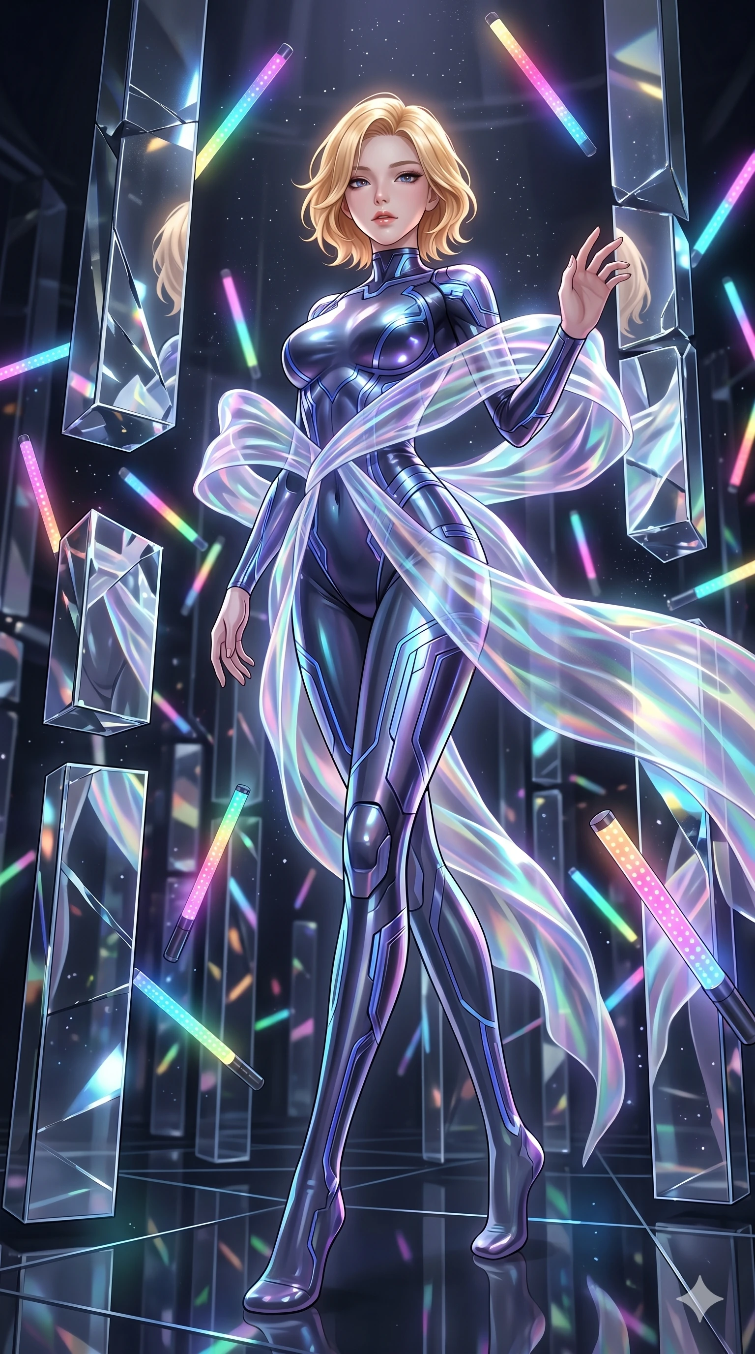 score_9, masterpiece, best quality, ultra-detailed, high-budget anime keyframe, Korean woman. low angle full-body shot filling the entire 9:16 frame with her statuesque presence, stretching the vertical silhouette. navigating a kinetic light-sculpture mirror maze, passing between floating chromium mirror pillars and rotating LED sticks. She has an absolutely perfect 8-heads proportion, an exceptionally tall and slender female figure with impossibly long slender legs and an ultra-slim waist. V-shaped jawline, high-bridge nose, intricate jewel-like eyes with depth, thick eyelashes, glossy lips with a natural sheen.. wearing a cybernetic bodysuit with a holographic ribbon, featuring a skin-tight contouring bodysuit wrapped in a translucent flowing holographic organza ribbon. illuminated by dramatic chiaroscuro casting soft shadows along her curves, with vibrant backlighting highlighting the dust particles. 2k, ultra detail, master piece, 9:16 ratio