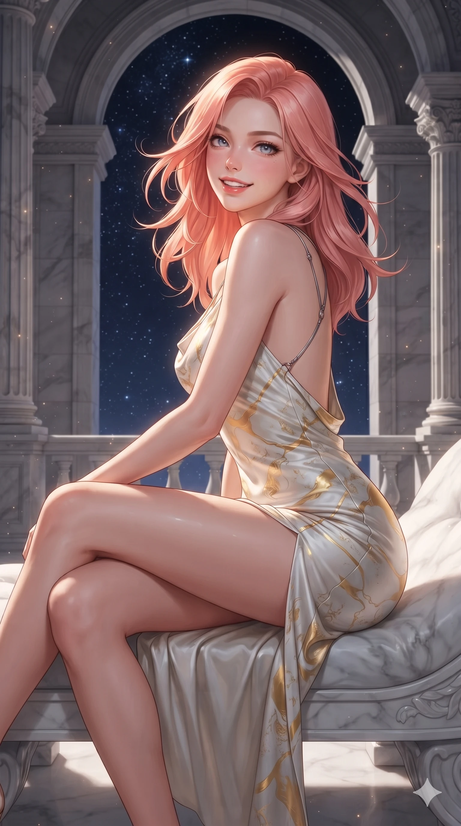 score_9, masterpiece, best quality, ultra-detailed, high-budget anime keyframe, editorial fashion photography, tasteful artistic composition, Japanese woman. close-up cowboy shot from the waist and thighs up, the character dominates the composition, filling the frame with her large presence. turning slowly with an enchanting smoldering smile, her glossy hair tossing in the breeze as her hips angle gracefully in a captivating contrapposto while sitting gracefully on the sculptural marble chaise with legs crossed, flashing an enchanting smile with parted glossy lips as starlight drapes across her. The surrounding environment is rendered in vivid detail and crisp panoramic clarity: detailed evening dress tailoring, fine metallic lace trim, and monumental neoclassical celestial architecture in high resolution. She has an exceptionally elegant, slender, and willowy female figure with an ultra-slim waist, flat toned midriff, narrow ribcage, and sculpted feminine hips creating an alluring, slim hourglass silhouette without bulk. sharp v-shaped jawline, high-bridge nose, intricate jewel-like sparkling eyes with depth, thick eyelashes, glossy parted lips with a natural peach sheen, bright cheerful beaming smile with an enchanting and coquettish sensual glint, exuding both youthful cute charm and seductive allure, flawlessly proportioned anatomical accuracy, strict slender model proportions, natural body alignment, perfectly sculpted long slender limbs, ultra-slim waistline, clean dynamic posture without body distortion. wearing a form-contouring gossamer silk chiffon slip dress with a hip-high slit and open cowl back clinging with dewy moisture in Kintsugi celestial white porcelain and liquid gold, crafted from fluid liquid silk satin that clings smoothly to her narrow waist and rounded hips with a dewy sheen, accented with a chrome-drop body harness subtly framing her dewy collarbones and spine, the high-slit wrap tailoring accentuating her ultra-slim waistline and the enchanting curve of her feminine hips with alluring seductive charm. bathed in the unpolluted brilliant diamond sparkle of deep space starlight mixed with soft warm 2800K balcony edge lighting. ultra-reflective glossy finish, specular highlights, rich textural contrasts, high-contrast stereoscopic depth, volumetric dynamic lighting, 2k, ultra detail, master piece, 9:16 ratio