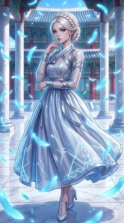 score_9, masterpiece, best quality, ultra-detailed, Set C: High-budget Anime Keyframe, Korean woman. Upper body close-up from the thighs up, character filling the screen for maximum presence. Standing in a rain of blue feathers in a white marble cour