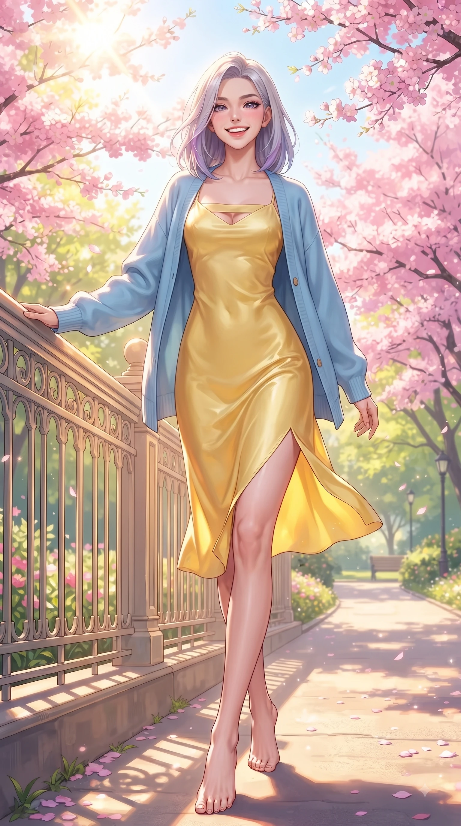 score_9, masterpiece, best quality, ultra-detailed, high-budget anime keyframe, editorial fashion photography, tasteful artistic composition, Caucasian woman. low angle full-body shot from head to toe showing her feet, filling the entire 9:16 vertical frame with her statuesque presence, stretching her vertical silhouette. walking forward in a proud dynamic stride with a cheerful beaming smile, her vertical silhouette filling the frame while leaning gracefully against a sunlit park railing framed by vibrant pink flower canopies. The surrounding environment is rendered in vivid detail and crisp panoramic clarity. vibrant spring sunlight scattering through blooming flower arches with high clarity. She has an absolutely perfect, statuesque 8.5-heads proportion, an exceptionally tall and slender model-like female figure with impossibly long slender legs and an ultra-slim waist. sharp v-shaped jawline, high-bridge nose, intricate jewel-like eyes with depth, thick eyelashes, glossy lips with a natural sheen, flawlessly proportioned anatomical accuracy, natural body alignment, perfectly sculpted elegant limbs, clean dynamic posture without body distortion. wearing a glossy satin slip dress layered under a soft cashmere cardigan in sunny canary yellow and clear sky blue, crafted from smooth liquid silk satin, accented with a Tasteful chest slit framing her clavicle gracefully, the elegant draped fit framing her graceful clavicle and slender torso. bathed in bright morning sunbeams and warm golden sakura backlighting. ultra-reflective glossy finish, specular highlights, metallic sheen, high-contrast stereoscopic depth, volumetric dynamic lighting, 2k, ultra detail, master piece, 9:16 ratio
