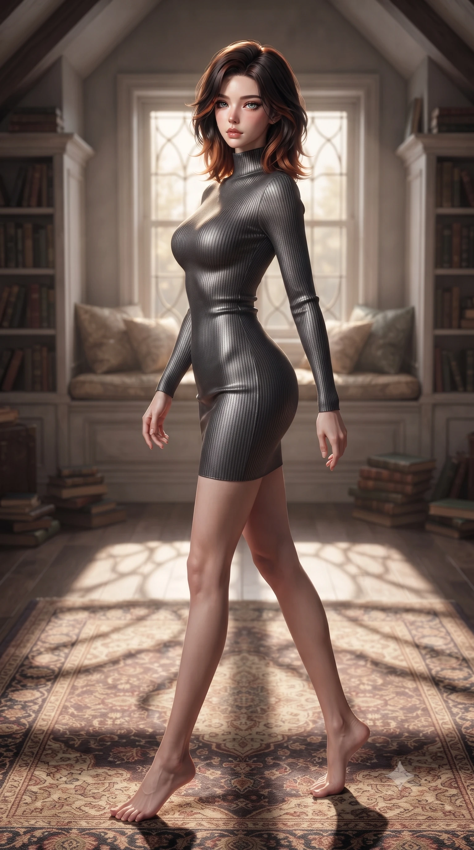 score_9, masterpiece, best quality, ultra-detailed, high-budget anime keyframe, editorial fashion photography, tasteful artistic composition, Korean woman woman. low angle full-body shot from head to toe showing her feet, filling the entire 9:16 vertical frame with her statuesque presence, stretching her vertical silhouette. stepping gracefully while looking back over her shoulder, her dress draped tightly to reveal her silhouette the background shows a soft-focus a quiet attic room with bookshelves lining the walls, a soft rug, and a window seat. She has an absolutely perfect, statuesque 8.5-heads proportion, an exceptionally tall and slender model-like female figure with impossibly long slender legs and an ultra-slim waist. sharp v-shaped jawline, high-bridge nose, intricate jewel-like eyes with depth, thick eyelashes, glossy lips with a natural sheen. wearing a body-hugging form-contouring bodycon sweater dress in charcoal grey, featuring a snug mock-neck. soft golden afternoon light filtering through the window, casting long shadow patterns. ultra-reflective glossy finish, specular highlights, metallic sheen, high-contrast stereoscopic depth, volumetric dynamic lighting, 2k, ultra detail, master piece, 9:16 ratio