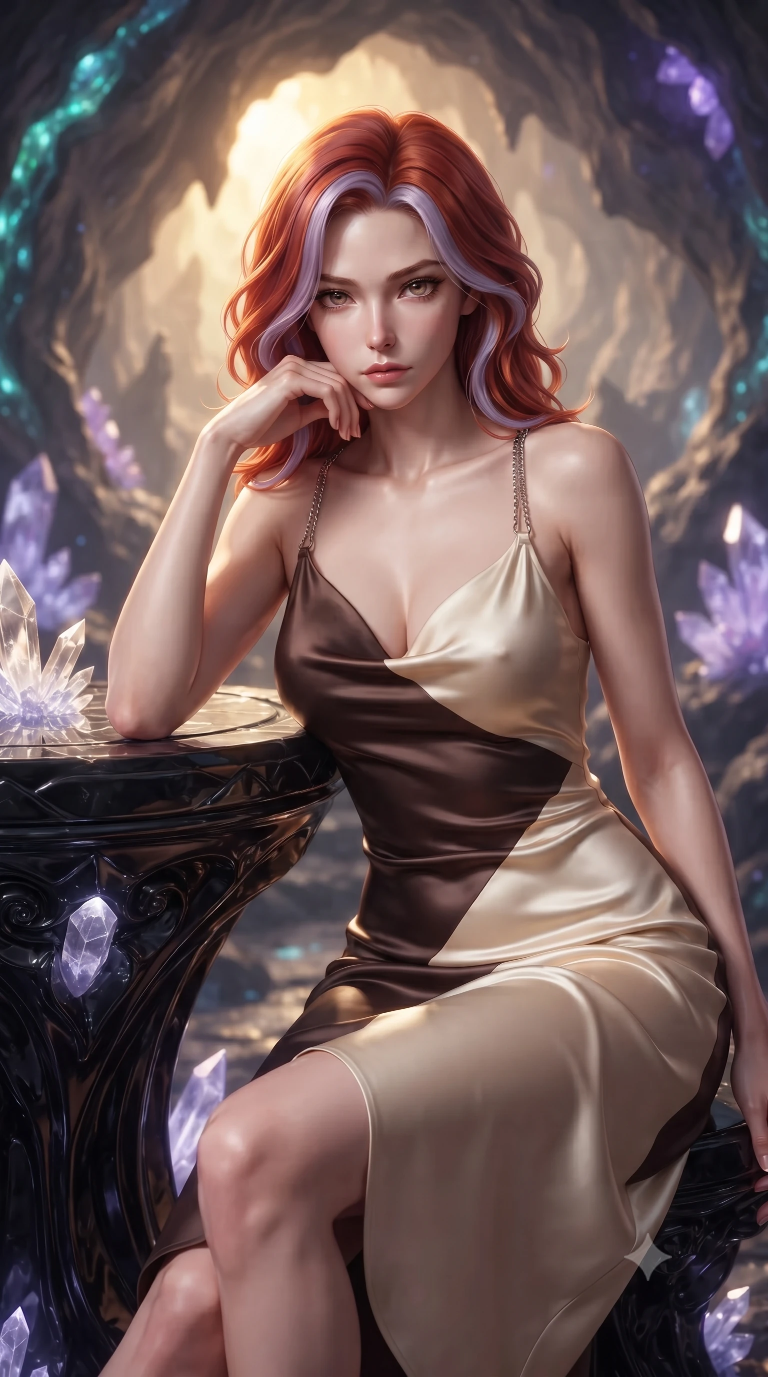 score_9, masterpiece, best quality, ultra-detailed, high-budget anime keyframe, editorial fashion photography, tasteful artistic composition, Caucasian woman. close-up cowboy shot from the waist and thighs up, the character dominates the composition, filling the frame with her large presence, background elements kept in soft focus. Leaning slightly forward with a composed, seductive gaze under soft glowing light resting on a carved obsidian altar surrounded by radiant crystal shards, bioluminescent opal veins pulsing softly in the surrounding stone walls. She has an exceptionally elegant, slender, and willowy female figure with an ultra-slim waist, a gracefully sculpted slender torso, and a refined silhouette. sharp v-shaped jawline, high-bridge nose, intricate jewel-like eyes with depth, thick eyelashes, glossy lips with a natural sheen. wearing an elegant cowl-neck satin midi dress with a draped neckline in espresso brown and warm cream, crafted from smooth liquid silk, adorned with delicate metallic chain straps along the neckline, the tailored fabric tightly following every curve of her athletic build. lit by warm golden sunlight colliding with cool violet crystal illumination. ultra-reflective glossy finish, specular highlights, metallic sheen, high-contrast stereoscopic depth, volumetric dynamic lighting, 2k, ultra detail, master piece, 9:16 ratio