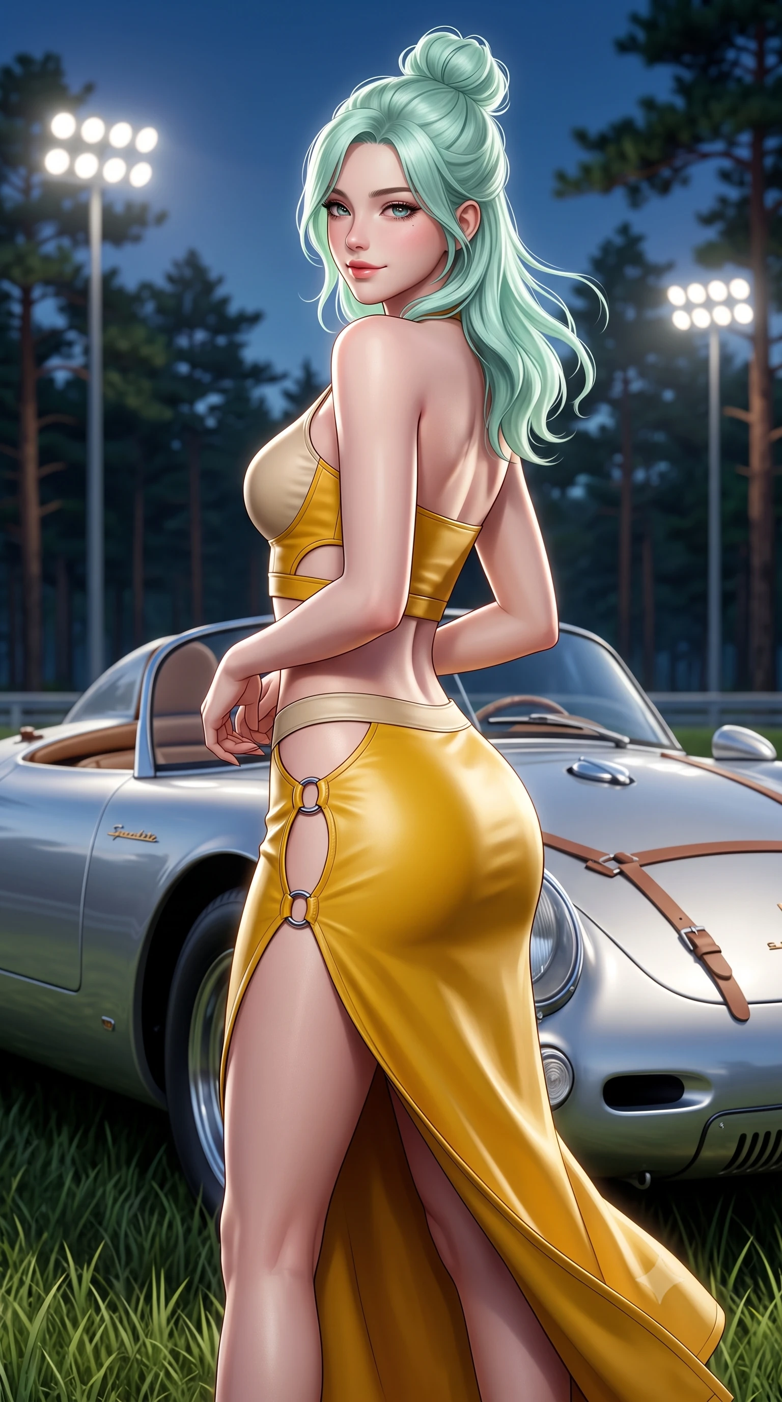 score_9, masterpiece, best quality, ultra-detailed, high-budget anime keyframe, semi-realistic 3D game render, editorial fashion photography, tasteful artistic composition, Japanese woman. close-up cowboy shot from the waist and thighs up, the character dominates the composition, filling the frame with her large presence. posing in an alluring rear three-quarter angle, turning over a bare shoulder with an intoxicating gaze, her hips cocked back to highlight her slim hourglass curve against the paddock lights while twisting her slender torso in an alluring contrapposto stance among maritime pines, coastal breezes fluttering her pleated tennis skirt. The surrounding environment is rendered in vivid detail and crisp panoramic clarity: sharp speedster curved aluminum body lines, leather bonnet strap buckles, and lawn grass blade clarity in deep focus. She has an exceptionally elegant, slender, and willowy female figure with an ultra-slim waist, flat toned midriff, narrow ribcage, and sculpted feminine hips creating an alluring, slim hourglass silhouette without bulk. sharp v-shaped jawline, high-bridge nose, sparkling eyes with athletic focus and depth, thick curled eyelashes, glossy parted lips with a natural coral-peach sheen, bright confident and coquettish smile with alluring bedroom-eyes, exuding both youthful sporty vigor and sovereign high-society glamour, flawlessly proportioned anatomical accuracy, strict slender model proportions, natural body alignment, perfectly sculpted long slender limbs, ultra-slim waistline, clean dynamic posture without body distortion. wearing a sweetheart-neckline athletic tennis bustier top paired with a curve-hugging high-slit track maxi skirt in warm oatmeal beige and deep Ferrari yellow, crafted from supple buttery lambskin racing leather with a satin sheen, finished with sharp laser-cut side ventilation cutouts framed by chrome rings, the glove-like aerodynamic silhouette tightly following the natural contour of her hips and long slender legs with youthful 8.5-heads elegance. illuminated by polished car aluminum bounce and sharp platinum rim lights defining her razor-sharp jawline, narrow waist, and curvy hips. highly saturated vibrant anime colors, detailed shading with soft gradients, rich glossy textures, high-contrast stereoscopic depth, volumetric dynamic lighting, master piece, 9:16 ratio