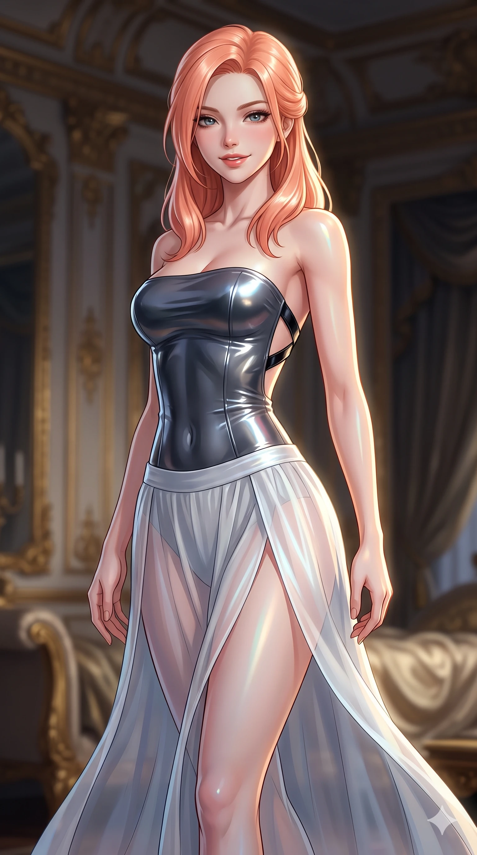 score_9, masterpiece, best quality, ultra-detailed, high-budget anime keyframe, editorial fashion photography, tasteful artistic composition, Japanese woman. close-up cowboy shot from the waist and thighs up, the character dominates the composition, filling the frame with her large presence. smiling with quiet, magnetic self-assurance directly into the camera, her sculpted waistline catching specular moonbeam highlights while twisting her slender torso in an alluring contrapposto stance, rainbow mother-of-pearl reflections contouring her waist and hips. The background shows a soft-focus imperial private palace salon softened in royal chamber shallow focus. She has an exceptionally elegant, slender, and willowy female figure with an ultra-slim waist, flat toned midriff, narrow ribcage, and sculpted feminine hips creating an alluring, slim hourglass silhouette without bulk. sharp v-shaped jawline, high-bridge nose, sparkling eyes with hypnotic seductive depth, thick curled eyelashes, glossy parted lips with a natural dewy peach sheen, alluring bedroom-eyes with an enchanting coquettish smile, exuding magnetic siren charisma and sophisticated glamour, flawlessly proportioned anatomical accuracy, strict slender model proportions, natural body alignment, perfectly sculpted long slender limbs, ultra-slim waistline, clean dynamic posture without body distortion. wearing a strapless wet-look vinyl bustier paired with sheer chiffon high-slit wrap trousers revealing her long slender legs in celestial pearl white and moonlight platinum, made of liquid dark mercury jersey with seamless sculpting hold and fluid drape, featuring an open-back criss-cross harness strap in patent black leather, the bespoke structured tailoring following the natural line of her 8.5-heads silhouette with refined elegance. illuminated by mother-of-pearl screen iridescence bounce and sharp gold-pearl rim lights sculpting her razor-sharp jawline, narrow waist, and curvy hips. ultra-reflective glossy finish, specular highlights, rich textural contrasts, high-contrast stereoscopic depth, volumetric dynamic lighting, 2k, ultra detail, master piece, 9:16 ratio