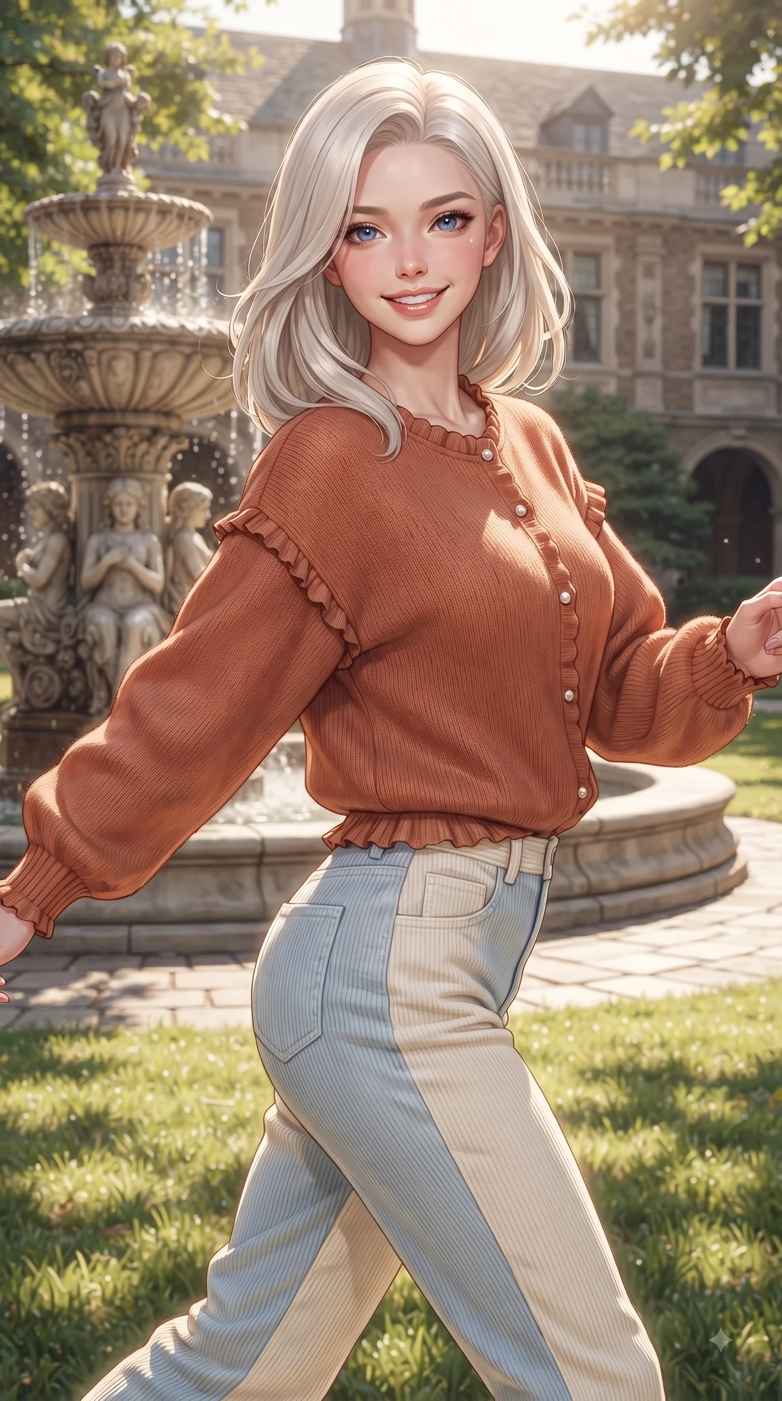 score_9, masterpiece, best quality, ultra-detailed, high-budget anime keyframe, editorial fashion photography, tasteful artistic composition, Caucasian woman. close-up cowboy shot from the waist and thighs up, the character dominates the composition, filling the frame with her large presence. Gazing directly into the camera with a fresh, infectious smile as her torso curves dynamically in mid-stride while reaching out cheerfully with a bright smile near a grand stone fountain on the college quad. The surrounding environment is rendered in vivid detail and crisp panoramic clarity. intricate fountain carvings, sunlit quad lawn textures, and historical university facade in deep focus. She has an exceptionally elegant, slender, and willowy female figure with an ultra-slim waist, a gracefully sculpted slender torso, and a refined silhouette. sharp v-shaped jawline, high-bridge nose, intricate jewel-like eyes with depth, thick eyelashes, glossy lips with a natural sheen, flawlessly proportioned anatomical accuracy, natural body alignment, perfectly sculpted elegant limbs, clean dynamic posture without body distortion. wearing an oversized terracotta knit jumper over soft cream corduroy pants in baby blue and cloud white, crafted from soft breathable linen, finished with subtle ruffle trims and delicate pearl buttons, the tailored casual silhouette highlighting her fresh and youthful presence. surrounded by an uplifting, fresh, and youthful academic atmosphere. ultra-reflective glossy finish, specular highlights, metallic sheen, high-contrast stereoscopic depth, volumetric dynamic lighting, 2k, ultra detail, master piece, 9:16 ratio