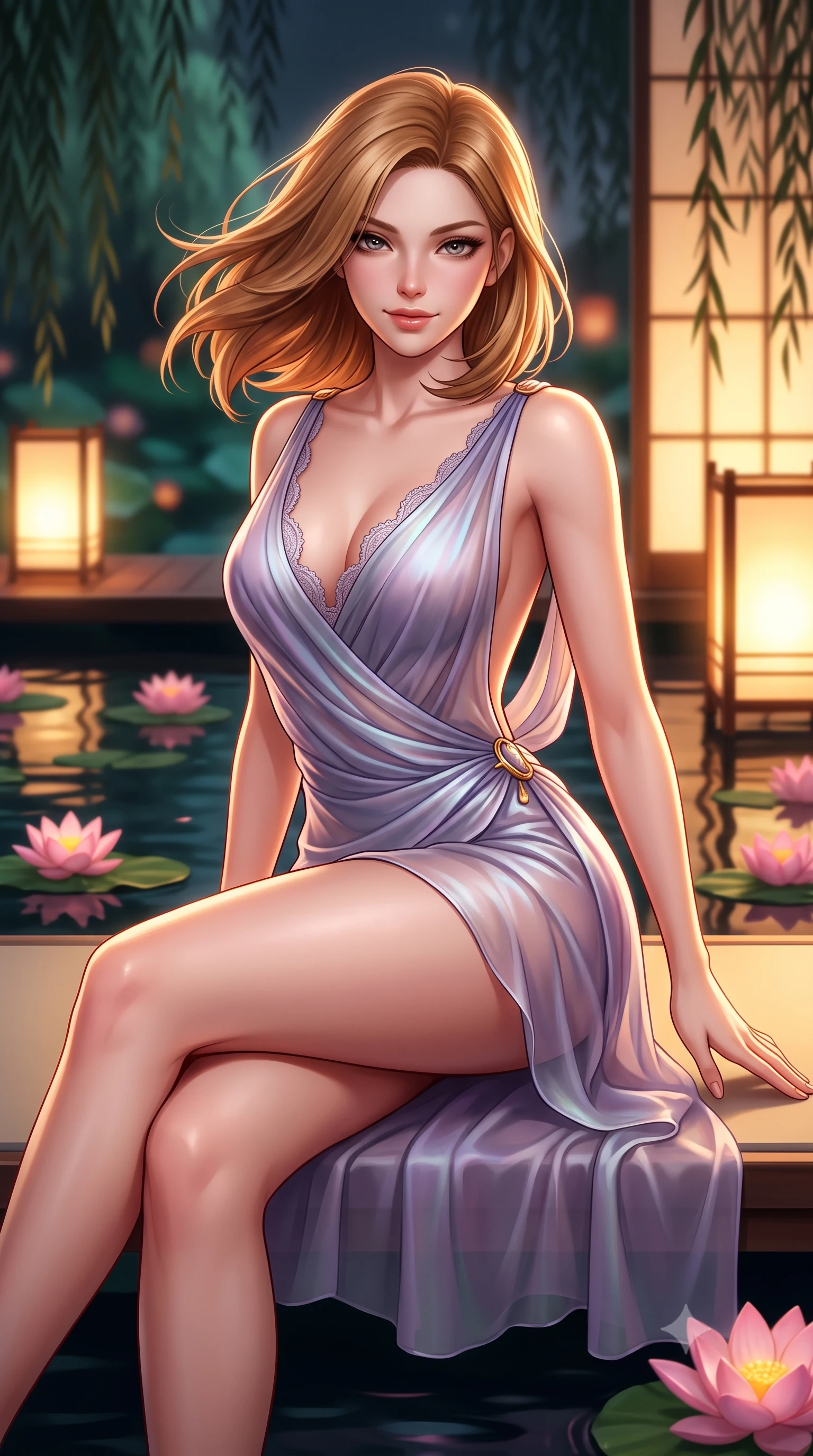 score_9, masterpiece, best quality, ultra-detailed, high-budget anime keyframe, semi-realistic 3D game render, editorial fashion photography, tasteful artistic composition, Korean woman. close-up cowboy shot from the waist and thighs up, the character dominates the composition, filling the frame with her large presence. turning slowly with an enchanting smoldering smile, her glossy hair tossing in the breeze as her hips angle gracefully in a captivating contrapposto while reclining sideways across the low platform with legs crossed, resting on one hand with sovereign geisha-queen charisma. The background shows a soft-focus floating pink lotus blossoms on dark water, glowing paper shoji screens, and weeping willow silhouettes blurred into jade, vermilion, and charcoal bokeh. She has an exceptionally elegant, slender, and willowy female figure with an ultra-slim waist, flat toned midriff, narrow ribcage, and sculpted feminine hips creating an alluring, slim hourglass silhouette without bulk. sharp v-shaped jawline, high-bridge nose, sparkling eyes with hypnotic seductive depth, thick curled eyelashes, glossy parted lips with a natural dewy peach sheen, alluring bedroom-eyes with an enchanting coquettish smile, exuding magnetic siren charisma and sophisticated glamour, flawlessly proportioned anatomical accuracy, strict slender model proportions, natural body alignment, perfectly sculpted long slender limbs, ultra-slim waistline, clean dynamic posture without body distortion. wearing a draped Greek-goddess style silk chiffon mini toga dress with an open back and golden hip fibula in dusk lavender and iridescent silver, made of sheer gossamer chiffon that drapes softly against skin with airy translucence, finished with scalloped eyelash lace trim framing her sweetheart neckline with intimate elegance, the glove-like clinging cut tightly following the natural contour of her hips and long slender legs with youthful 8.5-heads elegance. bathed in warm 2600K amber light radiating from sliding shoji screens mixed with dark water specular reflection. highly saturated vibrant anime colors, detailed shading with soft gradients, rich glossy textures, high-contrast stereoscopic depth, volumetric dynamic lighting, master piece, 9:16 ratio