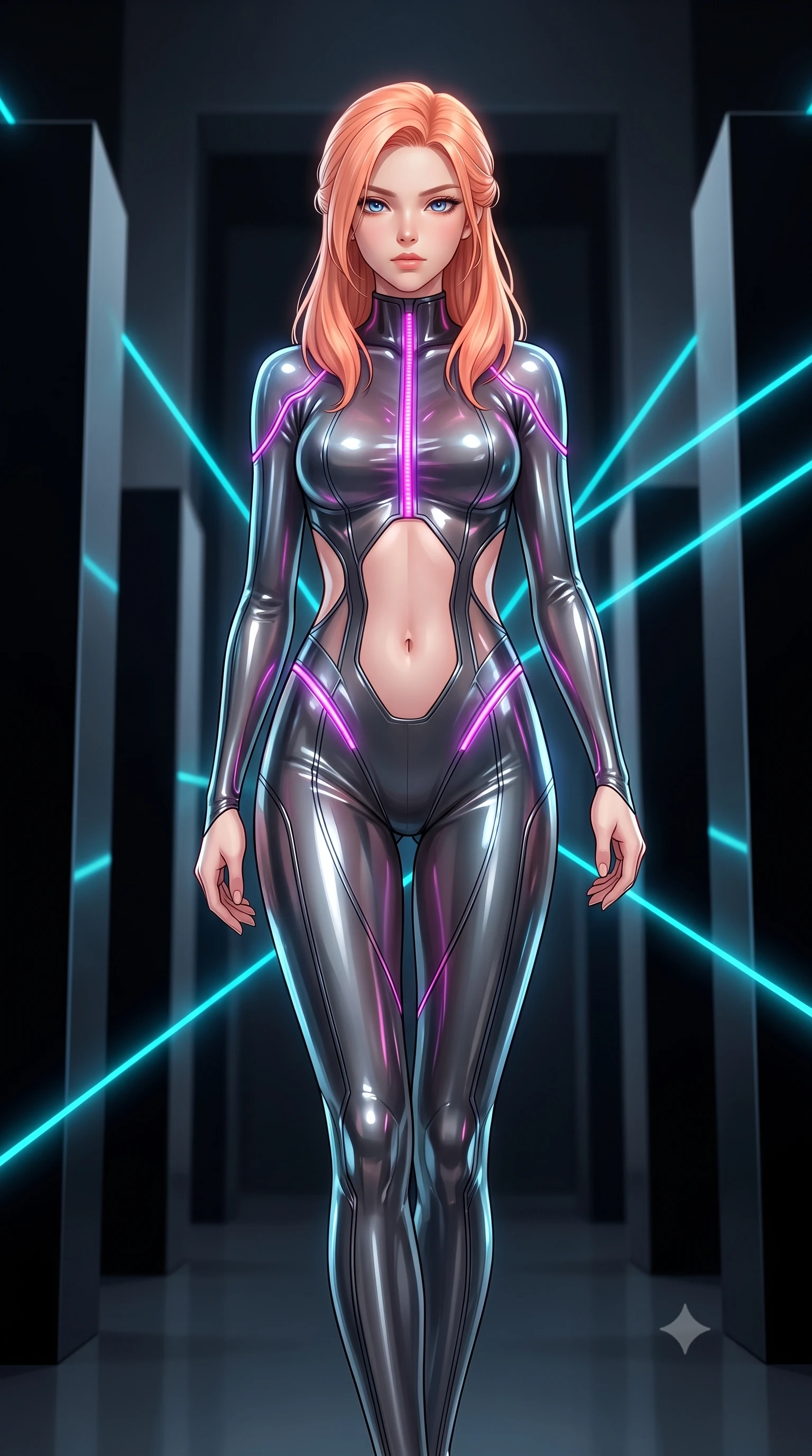score_9, masterpiece, best quality, ultra-detailed, high-budget anime keyframe, editorial fashion photography, tasteful artistic composition, Japanese woman. close-up cowboy shot from the waist and thighs up, the character dominates the composition, filling the frame with her large presence. gazing forward with divine sovereign poise, captivating jewel-like eyes shining with transcendent luminescence and alluring grace while striding commanding through a minimalist hall of towering black obsidian monoliths intersected by razor-sharp cyan laser beams. The composition keeps background elements in soft focus with creamy bokeh. towering obsidian monoliths and dark architectural recesses softened in moody shallow focus. She has an exceptionally elegant, slender, and willowy female figure with an ultra-slim waist, a gracefully sculpted slender torso, toned flat midriff, and a refined slim silhouette. sharp v-shaped jawline, high-bridge nose, intricate jewel-like eyes with depth, thick eyelashes, glossy lips with a natural sheen, flawlessly proportioned anatomical accuracy, strict slender model proportions, natural body alignment, perfectly sculpted long slender limbs, ultra-slim waistline, clean dynamic posture without body distortion. wearing an ultra-sleek aerodynamic tech-jumpsuit sculpted tightly to her figure, accented with glowing fiber-optic spine lines in vibrant electric magenta and ultra-reflective dark titanium, tailored from semi-translucent cybernetic vinyl with glowing micro-filaments, accented with glowing fiber-optic seams tracing her collarbones and hip curves, the precision-cut daring openings accentuating her delicate midriff, graceful bare collarbones, and ultra-slim feminine waistline. surrounded by an ultra-chic, commanding, and fiercely magnetic cyber-sovereign atmosphere. ultra-reflective glossy finish, specular highlights, dark metallic sheen, high-contrast stereoscopic depth, volumetric dynamic lighting, 2k, ultra detail, master piece, 9:16 ratio