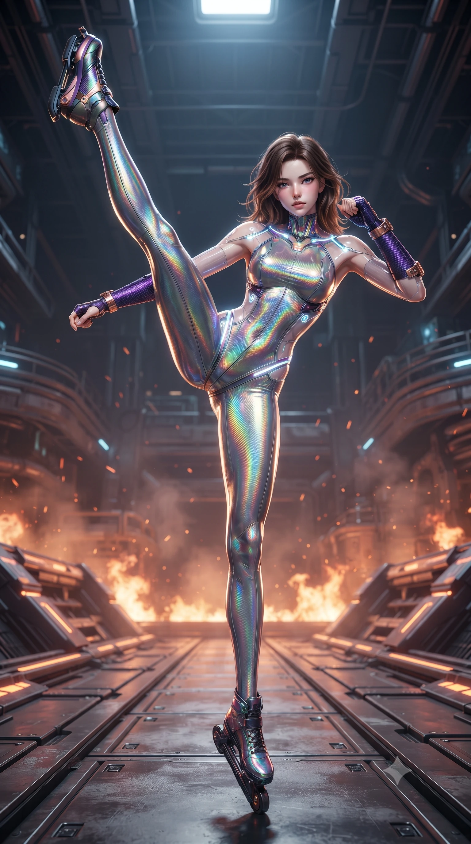 score_9, masterpiece, best quality, ultra-detailed, high-budget anime keyframe, editorial fashion photography, tasteful artistic composition, Korean woman. low angle full-body shot from head to toe showing her feet, filling the entire 9:16 vertical frame with her statuesque presence, stretching her vertical silhouette. executing a breathtaking zero-gravity high-kick with full 180-degree vertical extension, her impossibly long slender legs dominating the frame with razor-sharp poise while pivoting dynamically on high-speed magnetic skates, launching into a high kinetic jump above the roaring industrial arena. The surrounding environment is rendered in vivid detail and crisp panoramic clarity. sharp carbon-fiber armor weave, glowing kinetic knuckle damper coils, and scratched steel track plates in deep focus. She has an absolutely perfect, statuesque 8.5-heads proportion, an exceptionally tall and slender model-like female figure with impossibly long slender legs, a toned flat midriff, and an ultra-slim waist. sharp v-shaped jawline, high-bridge nose, intricate jewel-like eyes with depth, thick eyelashes, glossy lips with a natural sheen, flawlessly proportioned anatomical accuracy, strict slender model proportions, natural body alignment, perfectly sculpted long slender limbs, ultra-slim waistline, clean dynamic posture without body distortion. wearing a high-gloss iridescent rainbow carbon-weave bodysuit with translucent cybernetic panels and Damascus-steel forearm bracers in royal purple carbon fiber with rose-gold hardware and clasps, tailored from flexible second-skin carbon-mesh that clings flawlessly to her athletic curves, accented with glowing fiber-optic conduits tracing her collarbones and hip curves, the liquid-tight tailored fabric emphasizing every curve of her tall, slender model proportions and sculptured silhouette during dynamic movement. surrounded by an exhilarating, fierce, and breathtakingly stylish cyborg-warrior champion aura. ultra-reflective glossy finish, specular highlights, dark metallic sheen, high-contrast stereoscopic depth, volumetric dynamic lighting, 2k, ultra detail, master piece, 9:16 ratio