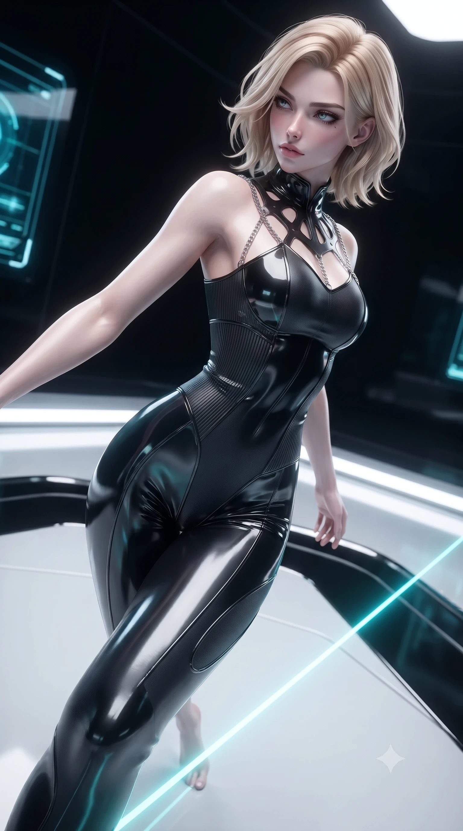 score_9, masterpiece, best quality, ultra-detailed, high-budget anime keyframe, editorial fashion photography, tasteful artistic composition, Caucasian woman. close-up cowboy shot from the waist and thighs up, the character dominates the composition, filling the frame with her large presence, background elements kept in soft focus. Pivoting sharply while looking back over her shoulder with heavy lashes and a confident, intense gaze while balancing dynamically on a high-tension cyan laser wire in a dark cybernetic arena, sleek reflective white and chrome surfaces emphasizing ultra-clean lines. She has an exceptionally elegant, slender, and willowy female figure with an ultra-slim waist, a gracefully sculpted slender torso, and a refined silhouette. sharp v-shaped jawline, high-bridge nose, intricate jewel-like eyes with depth, thick eyelashes, glossy lips with a natural sheen, flawlessly proportioned anatomical accuracy, natural body alignment, perfectly sculpted elegant limbs, clean dynamic posture without body distortion. wearing a form-fitting ribbed activewear set with elegant collar cutouts in matte black and polished silver, tailored from high-gloss patent leather, adorned with delicate metallic chain straps along the neckline, the elegant draped fit framing her graceful clavicle and slender torso. illuminated by radiant holographic displays and intense laser beam highlights. ultra-reflective glossy finish, specular highlights, metallic sheen, high-contrast stereoscopic depth, volumetric dynamic lighting, 2k, ultra detail, master piece, 9:16 ratio