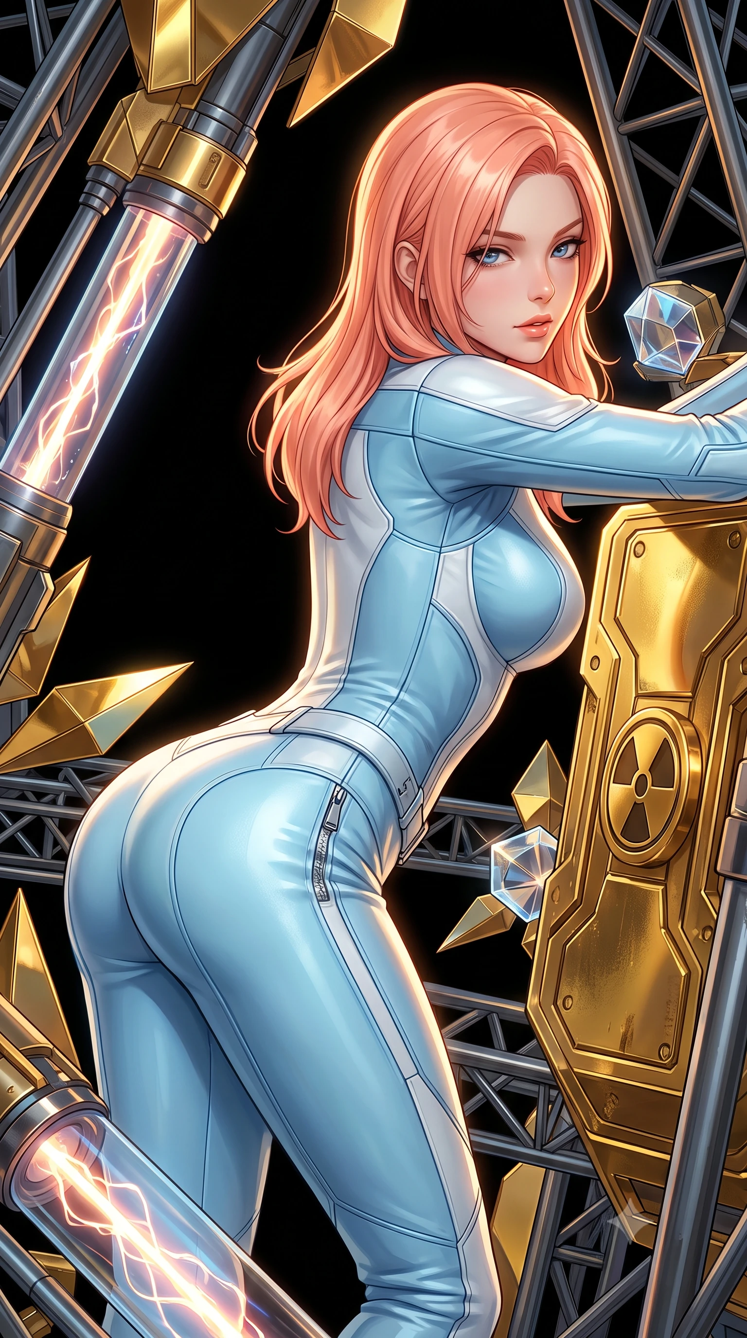 score_9, masterpiece, best quality, ultra-detailed, high-budget anime keyframe, semi-realistic 3D game render, editorial fashion photography, tasteful artistic composition, Japanese woman. close-up cowboy shot from the waist and thighs up, the character dominates the composition, filling the frame with her large presence. leaning forward while arching her lower back to accentuate her curvy hips, looking into the camera with an intoxicating smoldering gaze and bedroom-eyes while leaning against the gold-plated radiation shield with hips cocked back, looking through laser-pumped plasma conduits into the pitch-black void with smoldering bedroom-eyes. The surrounding environment is rendered in vivid detail and crisp panoramic clarity: sharp gold-leaf mirror facets, crystalline optical laser lenses, and heavy structural titanium trusswork in deep focus. She has an exceptionally elegant, slender, and willowy female figure with an ultra-slim waist, flat toned midriff, narrow ribcage, and sculpted feminine hips creating an alluring, slim hourglass silhouette without bulk. sharp v-shaped jawline, high-bridge nose, intricate jewel-like sparkling eyes with depth, thick eyelashes, glossy parted lips with a natural peach sheen, bright cheerful beaming smile with an enchanting and coquettish sensual glint, exuding both youthful cute charm and seductive allure, flawlessly proportioned anatomical accuracy, strict slender model proportions, natural body alignment, perfectly sculpted long slender limbs, ultra-slim waistline, clean dynamic posture without body distortion. wearing a sculpted tactical lambskin leather catsuit with seamless paneling and silver zipper hardware accentuating her flat midriff and curvy hips in arctic cryo-glacier ice blue and platinum white, woven from buttery-soft stretch lambskin leather adhering to her body like a second skin, finished with sleek magnetic buckle closures fluttering in the breeze, the liquid-tight tailored fabric clinging flawlessly to her narrow waist and rounded feminine hips, emphasizing every millimeter of her sculpted slim hourglass curves without any bulky heaviness. illuminated by gold mirror reflection bounce and sharp solar-gold rim lights sculpting her jawline, narrow waist, and curvy hips. highly saturated vibrant anime colors, detailed shading with soft gradients, rich glossy textures, high-contrast stereoscopic depth, volumetric dynamic lighting, master piece, 9:16 ratio