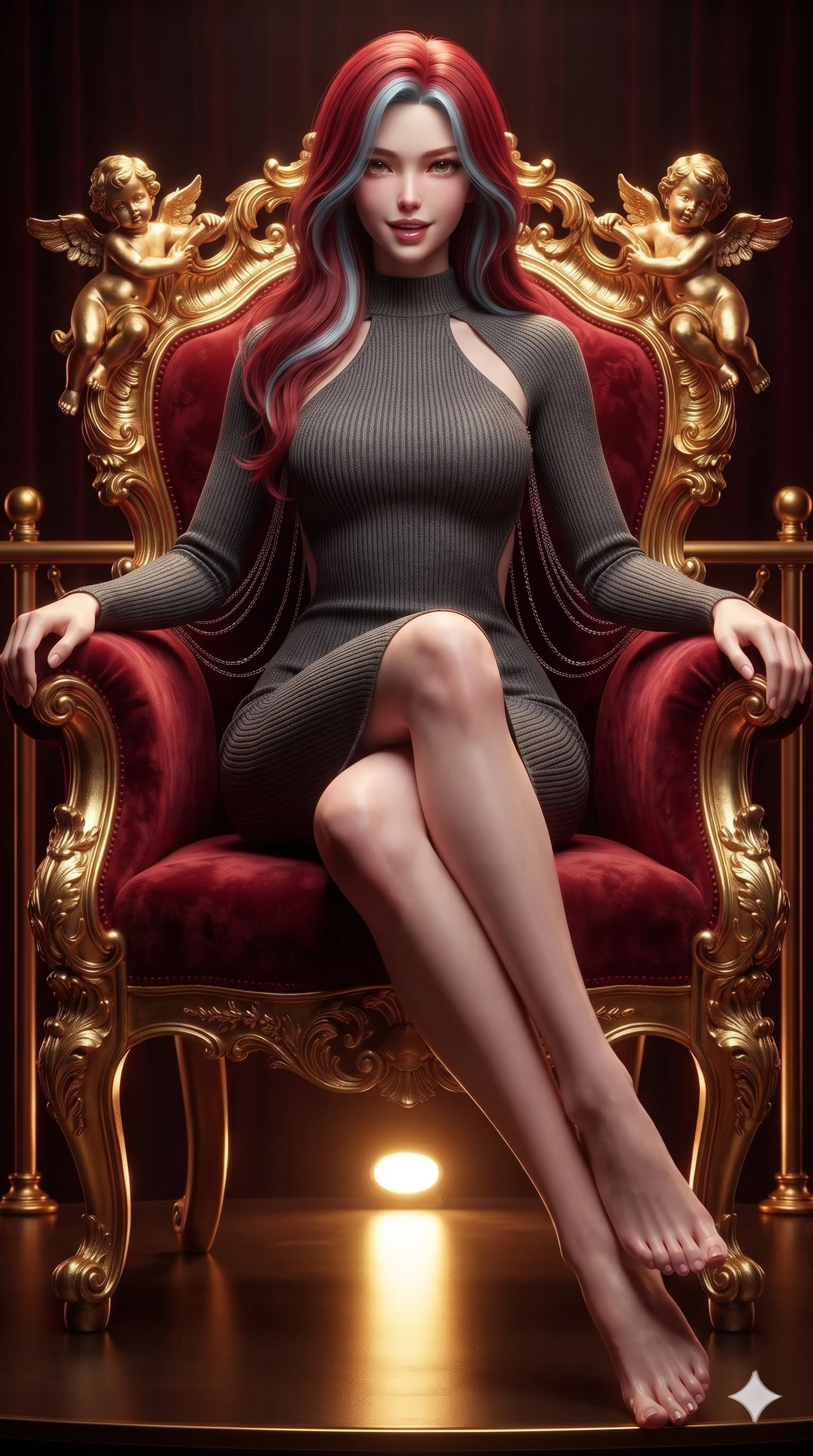 score_9, masterpiece, best quality, ultra-detailed, high-budget anime keyframe, editorial fashion photography, tasteful artistic composition, Caucasian woman. low angle full-body shot from head to toe showing her feet, filling the entire 9:16 vertical frame with her statuesque presence, stretching her vertical silhouette. stepping slowly toward the camera with hypnotic grace, hips swaying in an alluring sensual rhythm that accentuates her curvy hourglass silhouette and long slender legs while sitting poised in the high-backed gilded opera armchair with legs crossed, flashing an enchanting, dangerous smile with parted glossy lips. The surrounding environment is rendered in vivid detail and crisp panoramic clarity: sharp carved rococo gold-leaf cherubs, heavy velvet weave texture, and polished brass railing brackets in deep focus. She has an exceptionally tall and slender model-like 8.5-heads proportion, an ultra-slim waist, a flat toned midriff, narrow delicate ribcage, and beautifully sculpted feminine hips creating a graceful, slim hourglass silhouette without any bulky heaviness, with impossibly long slender legs. sharp v-shaped jawline, high-bridge nose, intricate jewel-like sparkling eyes with depth, thick eyelashes, glossy parted lips with a natural sheen, intensely captivating and seductive bedroom-eyes expression, exuding both youthful cute charm and sovereign luxury allure, flawlessly proportioned anatomical accuracy, strict slender model proportions, natural body alignment, perfectly sculpted long slender limbs, ultra-slim waistline, clean dynamic posture without body distortion. wearing an ultra-sleek form-fitting ribbed silk-knit midi dress with elegant collar cutouts contouring her feminine hourglass silhouette in charcoal grey and polished chrome, made of fluid liquid jersey with seamless sculpting hold and smooth contours, accented with an open-back drape framed by falling strands of delicate chrome chains, the form-contouring material adhering flawlessly to her sculpted flat midriff and slender torso, emphasizing her long leg lines and perfectly proportioned willowy build. bathed in the theatrical, dramatic contrast of warm golden stage footlights from below and dim ambient crimson box lighting. ultra-reflective glossy finish, specular highlights, rich textural contrasts, high-contrast stereoscopic depth, volumetric dynamic lighting, 2k, ultra detail, master piece, 9:16 ratio