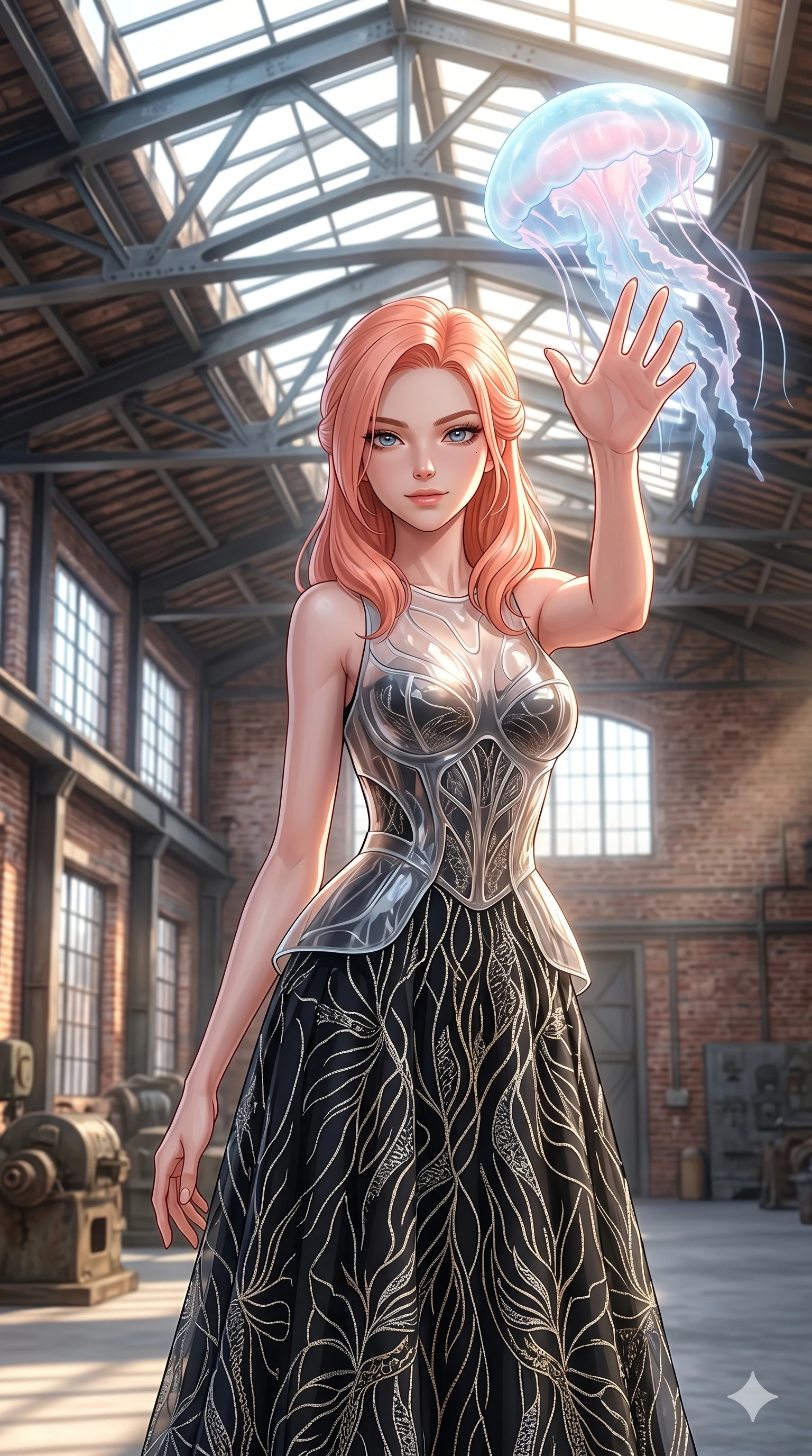 score_9, masterpiece, best quality, ultra-detailed, high-budget anime keyframe, editorial fashion photography, tasteful artistic composition, Japanese woman. cowboy shot from the thighs up, character and outfit filling the frame for maximum editorial presence. reaching a hand toward a floating jellyfish, looking at the camera with a mystical smile inside an industrial brick warehouse with sculpted steel ceiling beams (Code-P18-184). She has an absolutely perfect 8-heads proportion, an exceptionally tall and slender female figure with impossibly long slender legs and an ultra-slim waist. V-shaped jawline, high-bridge nose, intricate jewel-like eyes with depth, thick eyelashes, glossy lips with a natural sheen. wearing a translucent polymer structured bodice over a black patterned embroidery dress. drenched in brilliant afternoon sunshine, highlighting her sleek silhouette and smooth skin. 2k, ultra detail, master piece, 9:16 ratio