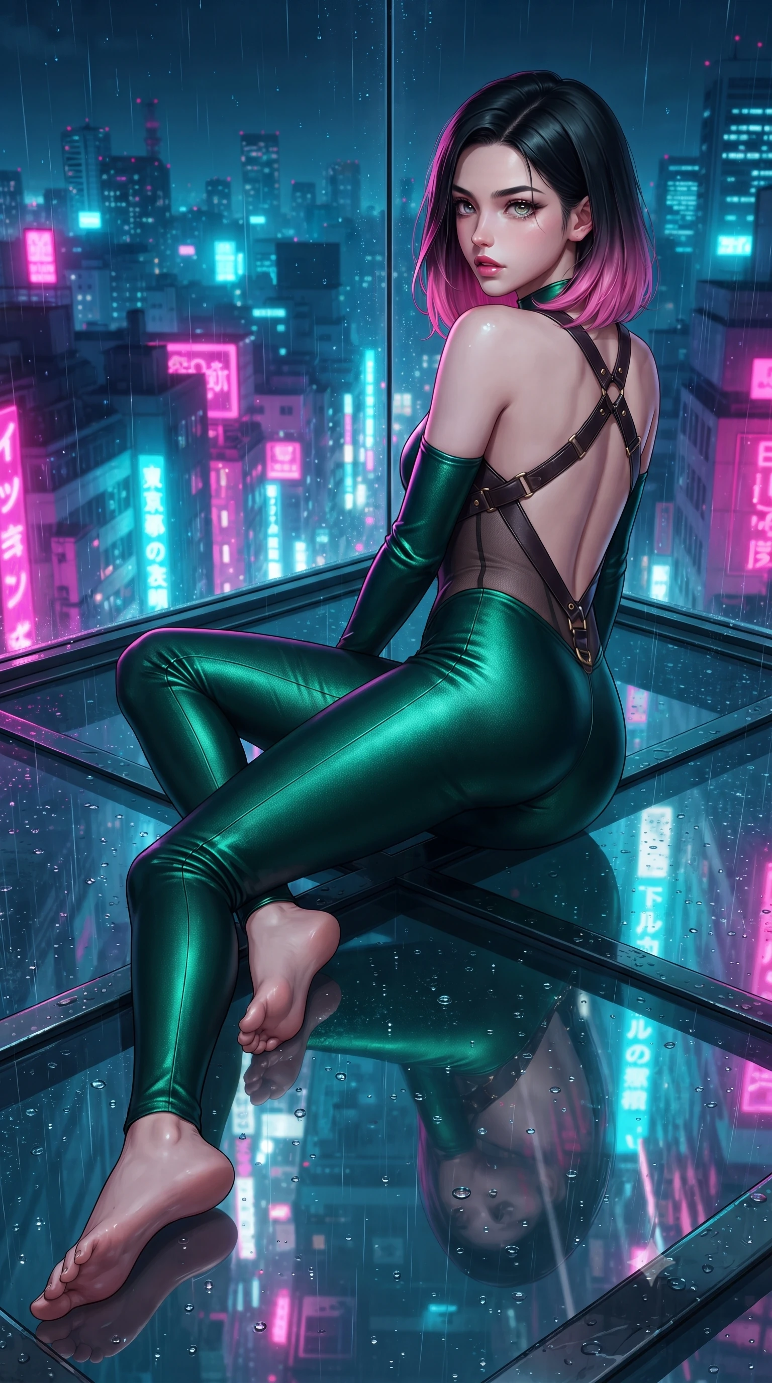 score_9, masterpiece, best quality, ultra-detailed, high-budget anime keyframe, editorial fashion photography, tasteful artistic composition, Korean woman. low angle full-body shot from head to toe showing her feet, filling the entire 9:16 vertical frame with her statuesque presence, stretching her vertical silhouette. reclining on her side in an elegant Cleopatra pose with one knee drawn up, the dramatic contour of her rounded hips and long slender legs commanding the 9:16 vertical frame while standing poised on the structural glass floor looking back over a bare shoulder, rain droplets glistening on the glass beneath her long slender legs. The surrounding environment is rendered in vivid detail and crisp panoramic clarity. detailed fabric sheen, neon reflection clarity, and endless Tokyo metropolis panorama in high resolution. She has an exceptionally tall and slender model-like 8.5-heads proportion, an ultra-slim waist, a flat toned midriff, narrow delicate ribcage, and beautifully sculpted feminine hips creating a graceful, slim hourglass silhouette without any bulky heaviness, with impossibly long slender legs. sharp v-shaped jawline, high-bridge nose, intricate jewel-like eyes with depth, thick eyelashes, glossy parted lips with a natural sheen, intensely captivating and seductive bedroom-eyes expression, flawlessly proportioned anatomical accuracy, strict slender model proportions, natural body alignment, perfectly sculpted long slender limbs, ultra-slim waistline, clean dynamic posture without body distortion. wearing a second-skin compression catsuit with an open back and sheer mesh side waist contouring in deep emerald green satin and gold hardware, crafted from luxurious metallic lamé that shifts radiance with every step, featuring an open-back criss-cross harness strap in dark leather, the liquid-tight tailored fabric clinging flawlessly to her narrow waist and rounded feminine hips, emphasizing every millimeter of her sculpted slim hourglass curves without any bulky heaviness. bathed in vibrant magenta and electric cyan neon underlights contrasting with cool night sky ambient fill. ultra-reflective glossy finish, specular highlights, rich textural contrasts, high-contrast stereoscopic depth, volumetric dynamic lighting, 2k, ultra detail, master piece, 9:16 ratio