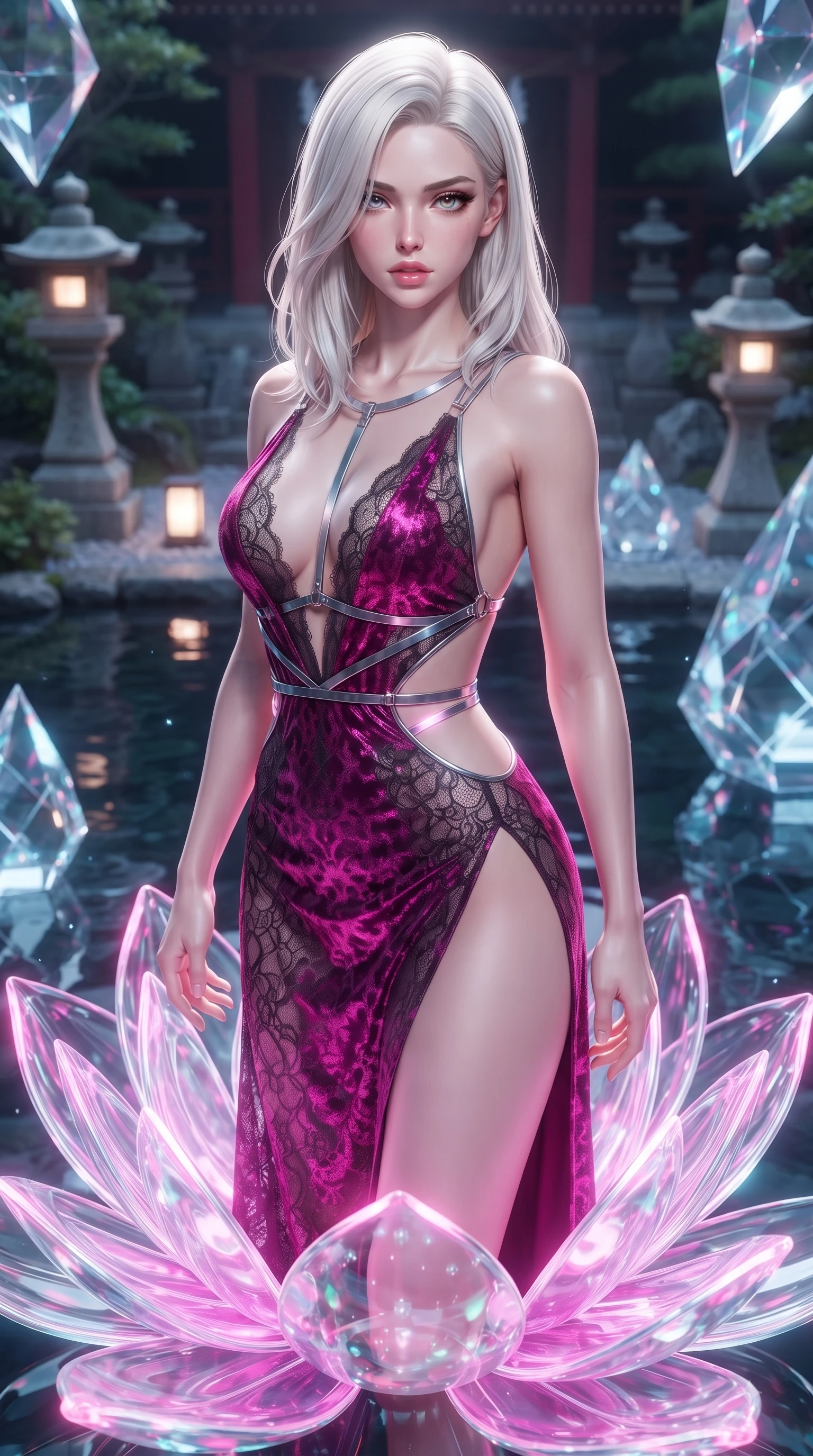 score_9, masterpiece, best quality, ultra-detailed, high-budget anime keyframe, editorial fashion photography, tasteful artistic composition, Caucasian woman. close-up cowboy shot from the waist and thighs up, the character dominates the composition, filling the frame with her large presence. casting a slow, smoldering gaze beneath heavy lashes with parted glossy lips, her head slightly tilted in captivating self-assurance while rising with sovereign elegance from the center of a blooming neon-lit glass lotus flower. The surrounding environment is rendered in vivid detail and crisp panoramic clarity. sharp temple pond reflections, stone shrine lanterns, and geometric glass carvings in high resolution. She has an exceptionally elegant, slender, and willowy female figure with an ultra-slim waist, a gracefully sculpted slender torso, and a refined silhouette. sharp v-shaped jawline, high-bridge nose, intricate jewel-like eyes with depth, thick eyelashes, glossy lips with a natural sheen, flawlessly proportioned anatomical accuracy, natural body alignment, perfectly sculpted elegant limbs, clean dynamic posture without body distortion. wearing a backless crushed velvet gown with a deep V-neckline, strategic hip cutouts, and an ultra-high thigh slit in chromatic platinum and blazing neon magenta, crafted from delicate dark lace interwoven with luminescent micro-fibers, reinforced by a sleek metallic chrome harness and delicate glowing micro-straps, the form-contouring second-skin material highlighting her ultra-slim waist and long lines. bathed in pure crystal petal illumination and sparkling aquatic refractions. ultra-reflective glossy finish, specular highlights, metallic sheen, high-contrast stereoscopic depth, volumetric dynamic lighting, 2k, ultra detail, master piece, 9:16 ratio