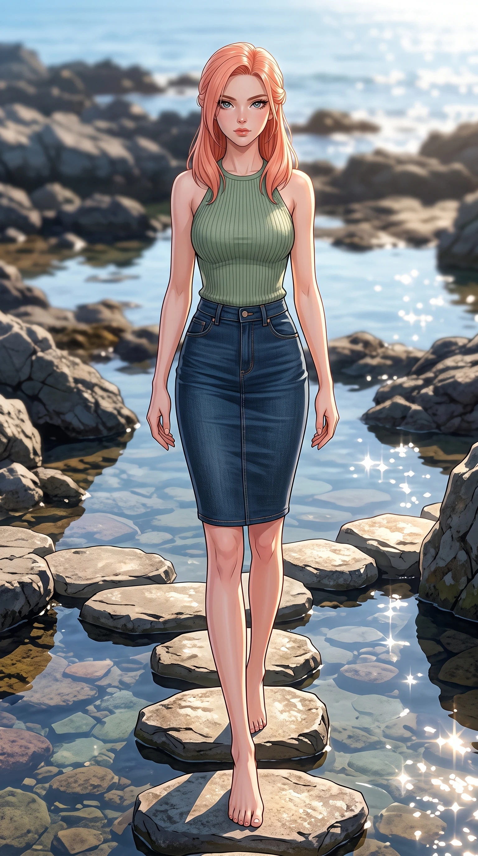 score_9, masterpiece, best quality, ultra-detailed, high-budget anime keyframe, editorial fashion photography, tasteful artistic composition, Japanese woman woman. low angle full-body shot from head to toe showing her feet, filling the entire 9:16 vertical frame with her statuesque presence, stretching her vertical silhouette. stepping gracefully across a stone path in the garden the background shows a soft-focus a rocky coastal shoreline with clear tide pools reflecting the afternoon sky. She has an absolutely perfect, statuesque 8.5-heads proportion, an exceptionally tall and slender model-like female figure with impossibly long slender legs and an ultra-slim waist. sharp v-shaped jawline, high-bridge nose, intricate jewel-like eyes with depth, thick eyelashes, glossy lips with a natural sheen. wearing a slim-fit form-fitting ribbed knit halter top in sage green, paired with a tight denim pencil skirt. bright afternoon sun rays creating sparkling glints on the water pool. 2k, ultra detail, master piece, 9:16 ratio