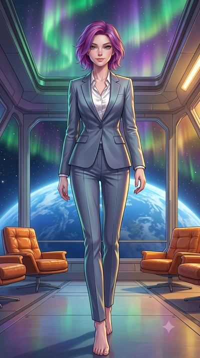 score_9, masterpiece, best quality, ultra-detailed, high-budget anime keyframe, editorial fashion photography, tasteful artistic composition, Caucasian woman, strictly human ears. low angle full-body shot from head to toe showing her feet, filling th
