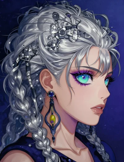 A post-impressionist expressionist manga-style female idol, 175 cm tall, with long silver hair and intensely highlighted, surreal, glowing teal-purple gradient eyes. She strikes a confident pose under a dramatic spotlight.
