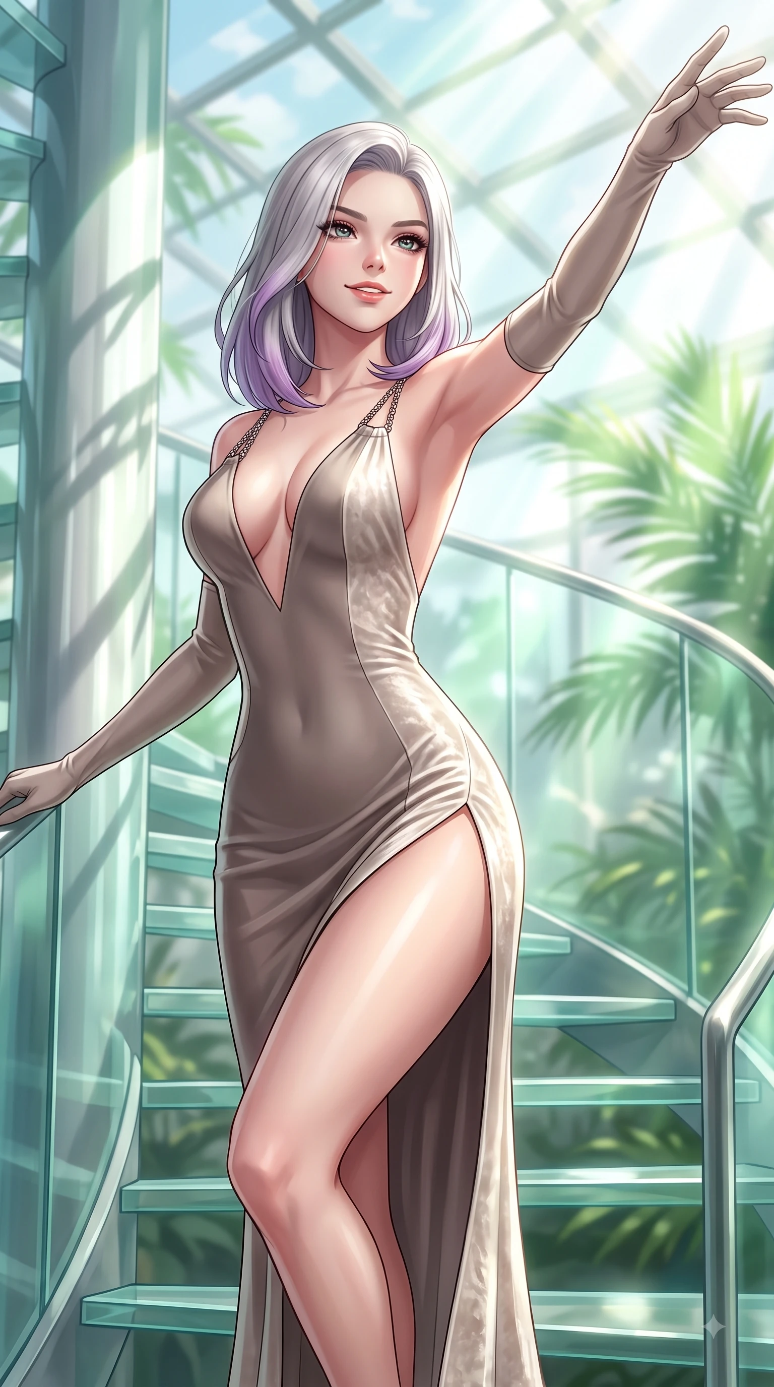 score_9, masterpiece, best quality, ultra-detailed, high-budget anime keyframe, editorial fashion photography, tasteful artistic composition, Caucasian woman. close-up cowboy shot from the waist and thighs up, the character dominates the composition, filling the frame with her large presence, background elements kept in soft focus. Extending one arm in an elegant stretch toward the light while smiling with magnetic self-assurance while ascending a vertical glass spiral staircase enveloped by tropical volumetric sunbeams, intense volumetric sunbeams filtering through the glass ceiling, creating stencil shadows. She has an exceptionally elegant, slender, and willowy female figure with an ultra-slim waist, a gracefully sculpted slender torso, and a refined silhouette. sharp v-shaped jawline, high-bridge nose, intricate jewel-like eyes with depth, thick eyelashes, glossy lips with a natural sheen, flawlessly proportioned anatomical accuracy, natural body alignment, perfectly sculpted elegant limbs, clean dynamic posture without body distortion. wearing a backless crushed velvet gown with a deep V-neckline and high thigh slit in muted taupe and soft ivory, formed from sleek second-skin neoprene, adorned with delicate metallic chain straps along the neckline, the glove-like fit emphasizing her statuesque silhouette during motion. surrounded by a bright, airy ambiance with radiant white and green highlights. highly saturated vibrant anime colors, detailed shading with soft gradients, rich glossy textures, high-contrast stereoscopic depth, volumetric dynamic lighting, master piece, 9:16 ratio