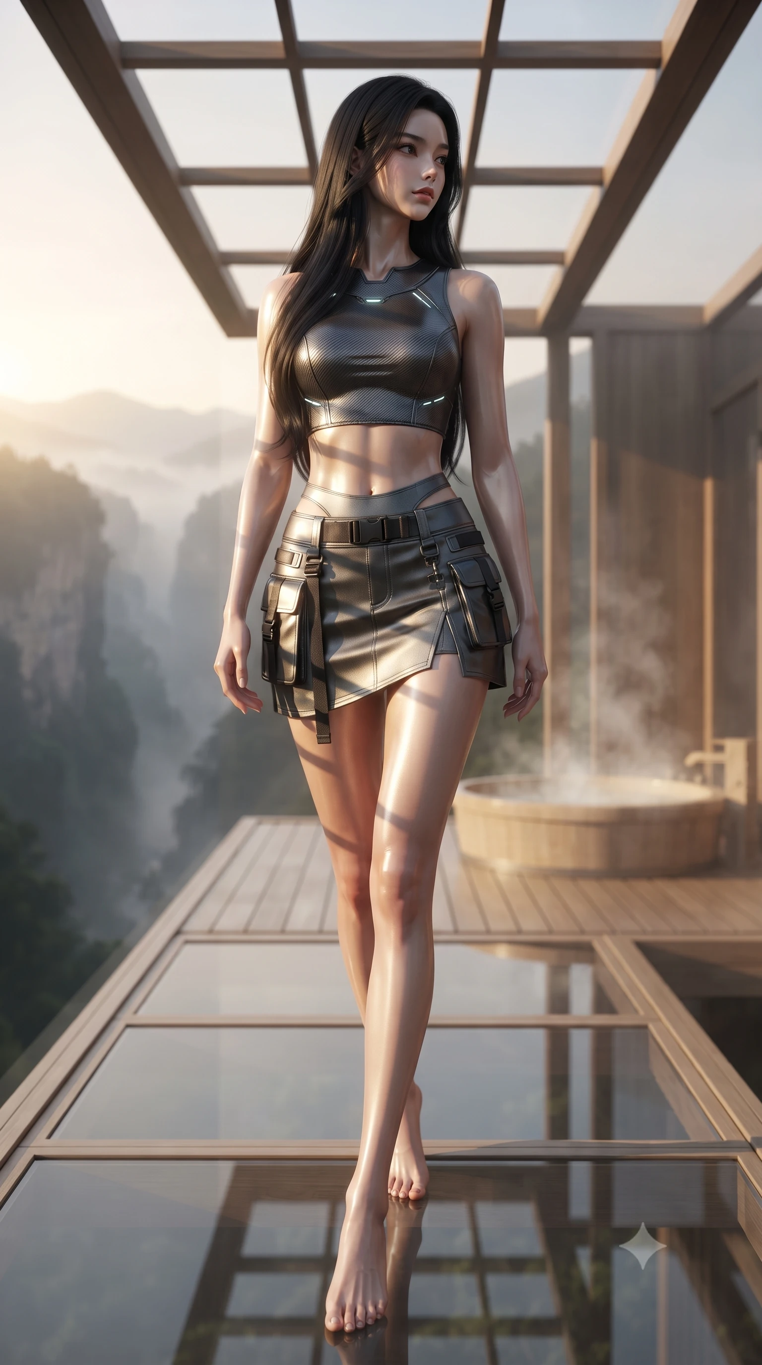 score_9, masterpiece, best quality, ultra-detailed, high-budget anime keyframe, editorial fashion photography, tasteful artistic composition, Korean woman. low angle full-body shot from head to toe showing her feet, filling the entire 9:16 vertical frame with her statuesque presence, stretching her vertical silhouette. walking slowly along a glass skybridge, looking back over her shoulder with an air of effortless grace, the background shows a soft-focus a private hinoki wood bath deck overlooking a mist-covered canyon. She has an absolutely perfect, statuesque 8.5-heads proportion, an exceptionally tall and slender model-like female figure with impossibly long slender legs and an ultra-slim waist. sharp v-shaped jawline, high-bridge nose, intricate jewel-like eyes with depth, thick eyelashes, glossy lips with a natural sheen. wearing a body-hugging modern carbon-alloy crop top paired with a low-rise tactical skirt and a subtle waist cut-out. soft late afternoon sunrays casting long wooden grid shadows on her torso. ultra-reflective glossy finish, specular highlights, metallic sheen, high-contrast stereoscopic depth, volumetric dynamic lighting, 2k, ultra detail, master piece, 9:16 ratio