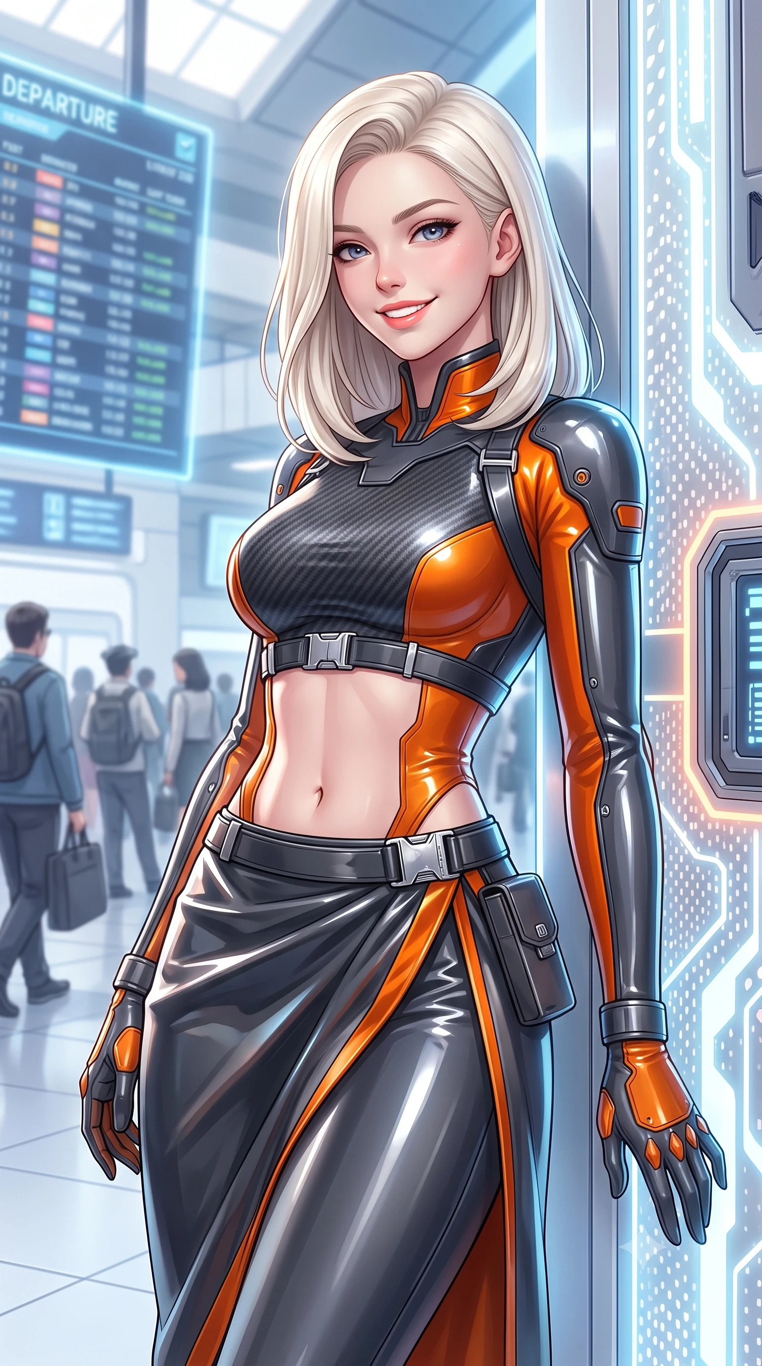 score_9, masterpiece, best quality, ultra-detailed, high-budget anime keyframe, semi-realistic 3D game render, editorial fashion photography, tasteful artistic composition, Caucasian woman. close-up cowboy shot from the waist and thighs up, the character dominates the composition, filling the frame with her large presence. leaning back against the glowing maintenance bulkhead with relaxed seductive grace, her flat midriff and narrow waist highlighted as laser ambient light traces her curves while walking dynamically down the illuminated concourse with sovereign grace, her long slender legs and hourglass curves commanding the frame. The background shows a soft-focus towering holographic departure boards and bustling commuters softened in futuristic metropolitan shallow focus. She has an exceptionally elegant, slender, and willowy female figure with an ultra-slim waist, flat toned midriff, narrow ribcage, and sculpted feminine hips creating an alluring, slim hourglass silhouette without bulk. sharp v-shaped jawline, high-bridge nose, intricate jewel-like sparkling eyes with depth, thick eyelashes, glossy parted lips with a natural sheen, bright confident smile with an enchanting and coquettish sensual glint, exuding both youthful magnetic charm and sovereign high-tech allure, flawlessly proportioned anatomical accuracy, strict slender model proportions, natural body alignment, perfectly sculpted long slender limbs, ultra-slim waistline, clean dynamic posture without body distortion. wearing a cyber-samurai tactical suit featuring a shortened carbon chestplate and high-slit armored wrap skirt in stealth charcoal slate and molten laser orange, tailored from ultra-reflective glossy liquid vinyl with mirror-like specular highlights, finished with polished chrome buckle hardware and modular magnetic holster clasps, the form-contouring cut accentuating her sculpted flat midriff, narrow delicate ribcage, and gracefully curvy hips with cybernetic supermodel precision. bathed in bright architectural white and soft electric blue transit terminal ambient fill. highly saturated vibrant anime colors, detailed shading with soft gradients, rich glossy textures, high-contrast stereoscopic depth, volumetric dynamic lighting, master piece, 9:16 ratio
