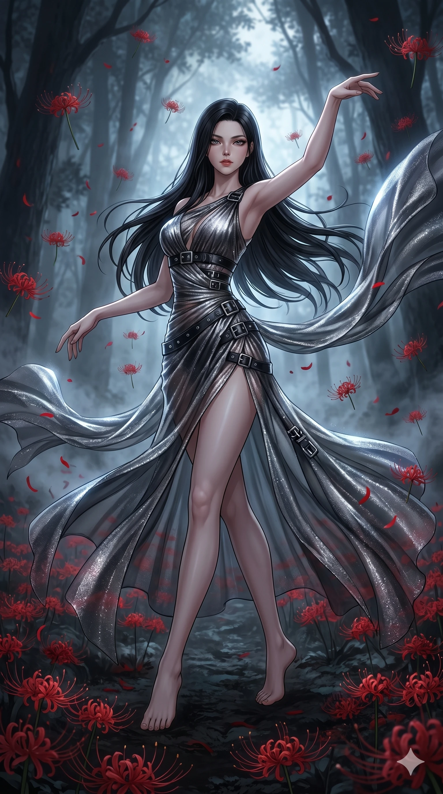 score_9, masterpiece, best quality, ultra-detailed, High-budget Anime Keyframe, East Asian woman. Low angle cowboy shot filling the entire 9:16 frame with her statuesque presence. Scenario 15: Dancing amidst falling red spider lilies in a misty dark forest. Her presence is magnetic and overpowering in this high-budget anime scene. Outfit 15: A shimmering chiffon bare with a thigh-high slit and metallic buckles. The clothing is designed to emphasize her exceptionally tall and slender 8-heads proportion. 8-heads proportion, towering silhouette, ultra-slim waist. sharp v-shaped jawline, intricate jewel-like eyes with depth, thick eyelashes, glossy lips. 2k, ultra detail, master piece, 9:16 ratio