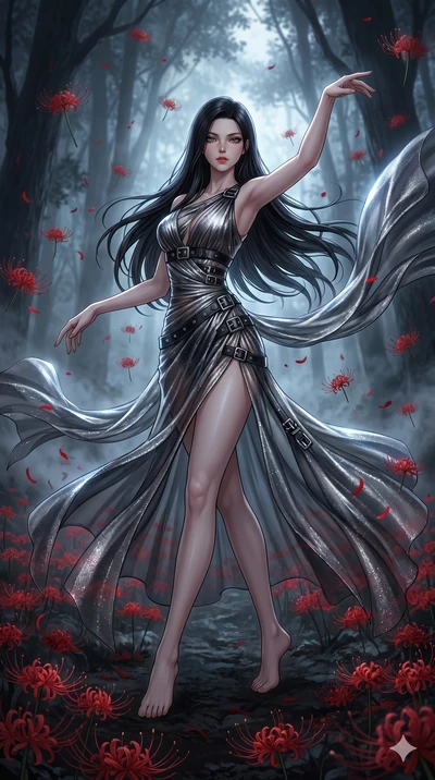score_9, masterpiece, best quality, ultra-detailed, High-budget Anime Keyframe, East Asian woman. Low angle cowboy shot filling the entire 9:16 frame with her statuesque presence. Scenario 15: Dancing amidst falling red spider lilies in a misty dark 