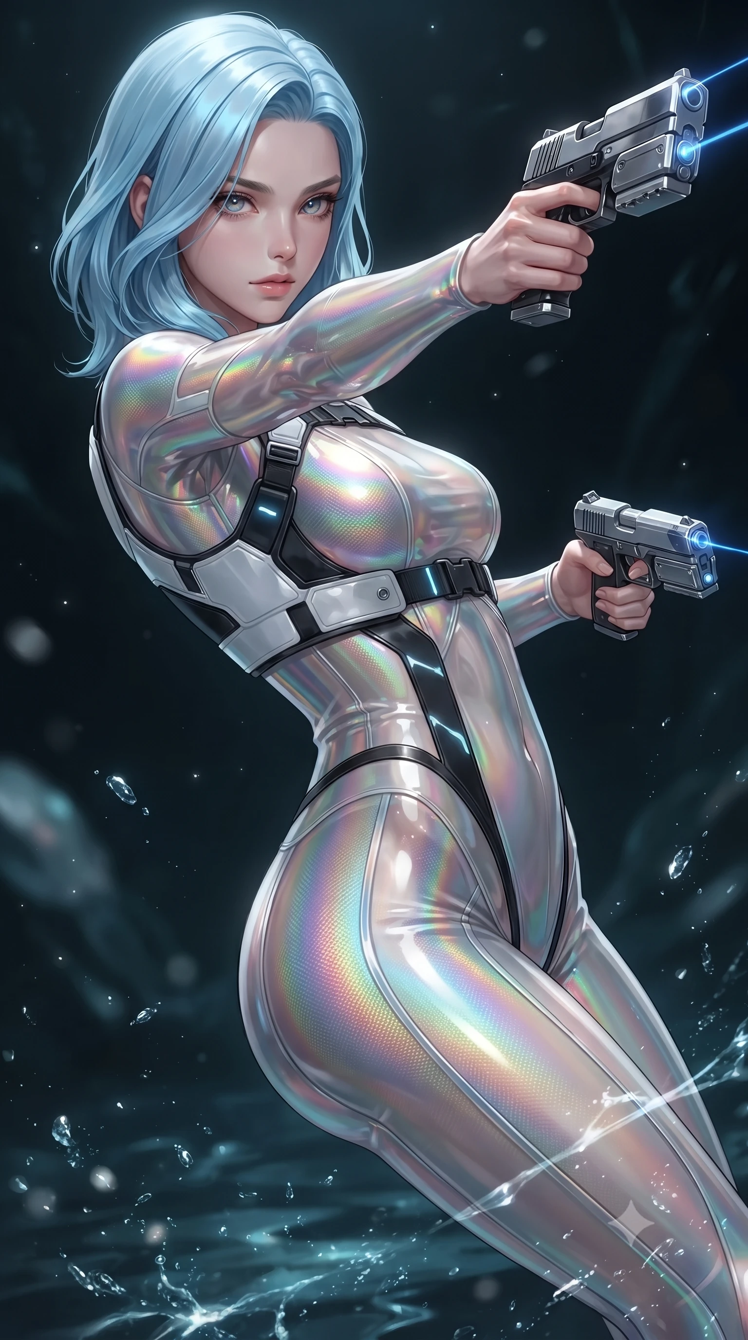 score_9, masterpiece, best quality, ultra-detailed, high-budget anime keyframe, editorial fashion photography, tasteful artistic composition, Korean woman. close-up cowboy shot from the waist and thighs up, the character dominates the composition, filling the frame with her large presence. twisting her upper body in a dynamic S-curve combat stance, one hand steadying her weapon with commanding supermodel allure while arching her back in a fluid roll as dual laser aiming beams cut through the blue aquatic ambient gloom. The composition keeps background elements in soft focus with creamy bokeh. sparkling aquatic caustics and laser beam sights scattering light motes across a dark subterranean backdrop. She has an exceptionally elegant, slender, and willowy female figure with an ultra-slim waist, a gracefully sculpted slender torso, toned flat midriff, and a refined slim silhouette. sharp v-shaped jawline, high-bridge nose, intricate jewel-like eyes with depth, thick eyelashes, glossy lips with a natural sheen, flawlessly proportioned anatomical accuracy, strict slender model proportions, natural body alignment, perfectly sculpted long slender limbs, ultra-slim waistline, clean dynamic posture without body distortion. wearing a high-gloss iridescent rainbow carbon-weave bodysuit with translucent cybernetic panels, brandishing dual sleek chrome particle beam pistols in a dynamic combat stance in monochrome white enamel carbon with high-contrast black panels, tailored from flexible second-skin carbon-mesh that clings flawlessly to her athletic curves, reinforced by a sleek titanium tactical harness and glowing micro-energy straps, the liquid-tight tailored fabric emphasizing every curve of her tall, slender model proportions and sculptured silhouette during dynamic movement. illuminated by crisp white key light and sharp specular highlights tracing her slender curves. ultra-reflective glossy finish, specular highlights, dark metallic sheen, high-contrast stereoscopic depth, volumetric dynamic lighting, 2k, ultra detail, master piece, 9:16 ratio