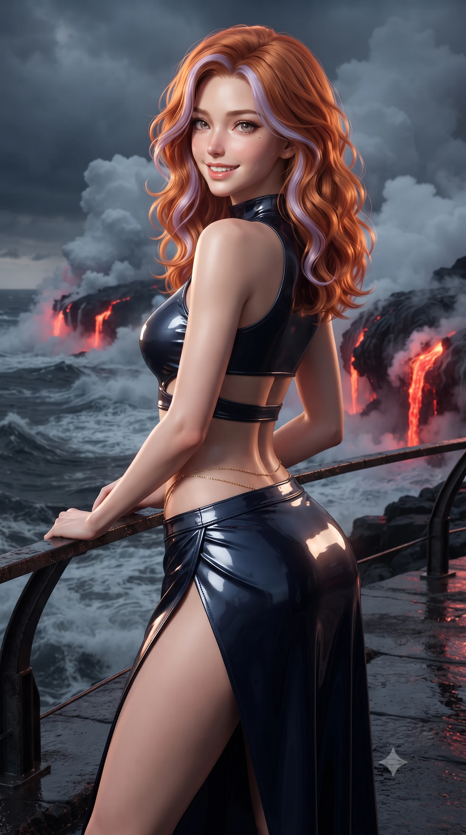 score_9, masterpiece, best quality, ultra-detailed, high-budget anime keyframe, editorial fashion photography, tasteful artistic composition, Caucasian woman. close-up cowboy shot from the waist and thighs up, the character dominates the composition, filling the frame with her large presence. posing in an alluring rear three-quarter angle, looking over a bare shoulder with parted glossy lips, her hips cocked back to highlight her slim hourglass curve while standing poised on the heavy cantilevered steel balcony overlooking churning black ocean waves, arching her back with siren poise as glowing red lava flows meet the sea in colossal steam clouds. The background shows a soft-focus sulfur-scented volcanic mist softened in offshore geothermal fortress shallow focus. She has an exceptionally elegant, slender, and willowy female figure with an ultra-slim waist, flat toned midriff, narrow ribcage, and sculpted feminine hips creating an alluring, slim hourglass silhouette without bulk. sharp v-shaped jawline, high-bridge nose, intricate jewel-like sparkling eyes with depth, thick eyelashes, glossy parted lips with a natural peach sheen, bright cheerful beaming smile with an enchanting and coquettish sensual glint, exuding both youthful cute charm and seductive allure, flawlessly proportioned anatomical accuracy, strict slender model proportions, natural body alignment, perfectly sculpted long slender limbs, ultra-slim waistline, clean dynamic posture without body distortion. wearing an alluring tactical crop top with asymmetrical side-rib cutouts and high-neck collar paired with a high-slit wrap skirt in midnight carbon navy and polished chrome, tailored from high-gloss patent leather with mirror-like specular highlights, accented with a dainty gold belly chain resting across her flat midriff and curving hips, the second-skin tailored fabric adhering flawlessly to her sculpted flat midriff and slender torso, emphasizing her long leg lines and perfectly proportioned willowy build. illuminated by wet basalt deck reflection bounce and sharp magma-orange rim lights sculpting her razor-sharp jawline, narrow waist, and curvy hips. ultra-reflective glossy finish, specular highlights, rich textural contrasts, high-contrast stereoscopic depth, volumetric dynamic lighting, 2k, ultra detail, master piece, 9:16 ratio