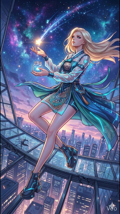 A 8-second magical video of a blonde woman in a modern Hanbok floating above a city skyline at dusk. She holds a glowing jar as a shooting star descends from a starry nebula and settles into the jar, emitting a soft burst of light. Her long hair and 