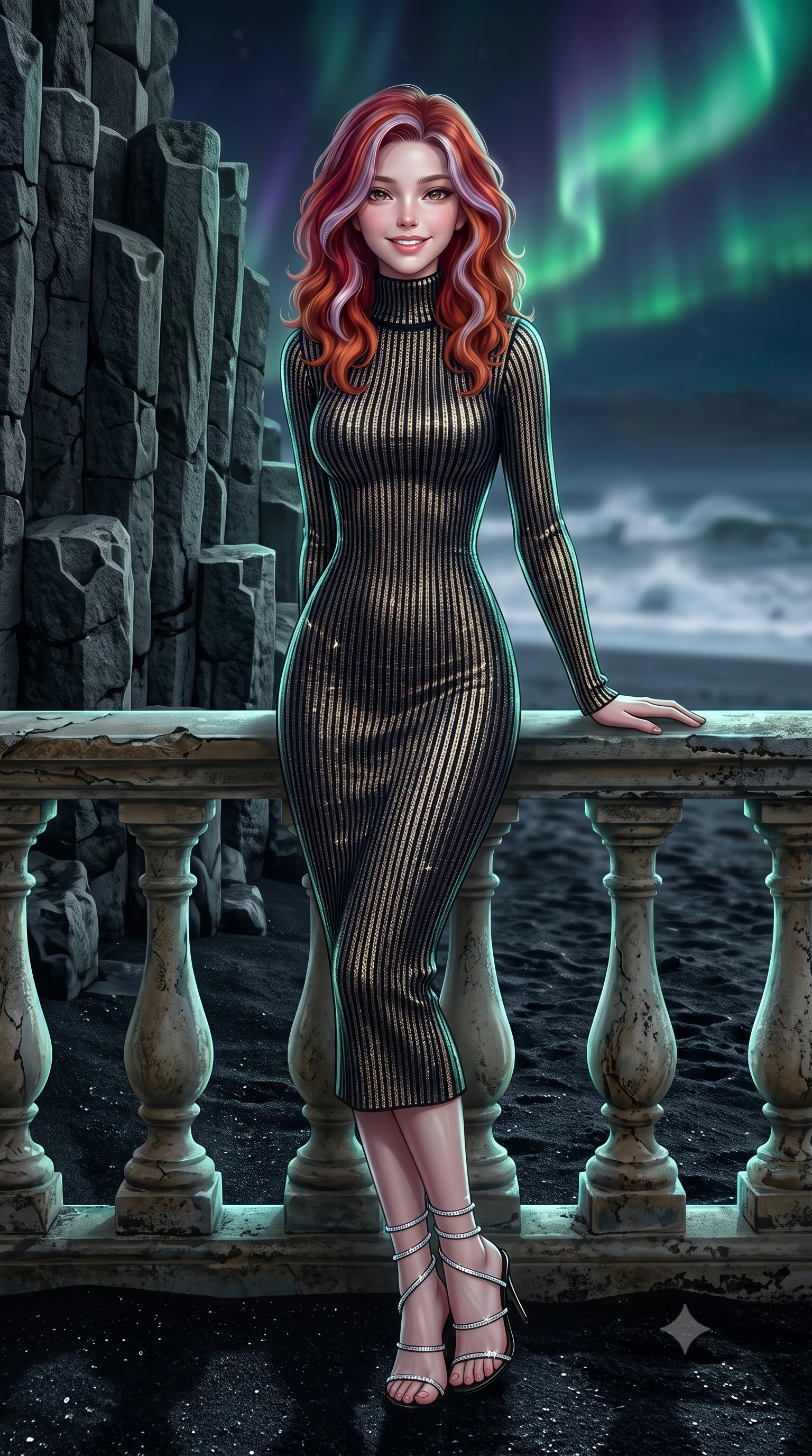 score_9, masterpiece, best quality, ultra-detailed, high-budget anime keyframe, editorial fashion photography, tasteful artistic composition, Caucasian woman. close-up cowboy shot from the waist and thighs up, the character dominates the composition, filling the frame with her large presence. leaning back against the balustrade with relaxed seductive grace, head tilted back slightly while casting a hypnotic, heavy-lidded gaze while standing poised on the jet-black volcanic sand beside towering hexagonal basalt columns, arching her lower back as emerald and violet aurora ribbons ripple across the Arctic sky. The background shows a soft-focus distant ocean sea spray softened in wild Arctic coastline shallow focus. She has an exceptionally elegant, slender, and willowy female figure with an ultra-slim waist, flat toned midriff, narrow ribcage, and sculpted feminine hips creating an alluring, slim hourglass silhouette without bulk. sharp v-shaped jawline, high-bridge nose, intricate jewel-like sparkling eyes with depth, thick eyelashes, glossy parted lips with a natural peach sheen, bright cheerful beaming smile with an enchanting and coquettish sensual glint, exuding both youthful cute charm and seductive allure, flawlessly proportioned anatomical accuracy, strict slender model proportions, natural body alignment, perfectly sculpted long slender limbs, ultra-slim waistline, clean dynamic posture without body distortion. wearing an ultra-sleek Icelandic thermal ribbed knit turtleneck midi dress hugging every contour of her hourglass frame in deep midnight obsidian black and champagne gold, woven from stretch metallic lurex jersey casting radiant starlight glints across her curves, complemented by strappy stiletto sandals with crystal ankle wraps accentuating her slender calves, the second-skin tailored fabric adhering flawlessly to her sculpted flat midriff and slender torso, emphasizing her long leg lines and perfectly proportioned willowy build. illuminated by wet black sand reflection sheen and sharp emerald-platinum rim lights defining her dewy collarbones, ultra-slim waist, and curvy hips. ultra-reflective glossy finish, specular highlights, rich textural contrasts, high-contrast stereoscopic depth, volumetric dynamic lighting, 2k, ultra detail, master piece, 9:16 ratio