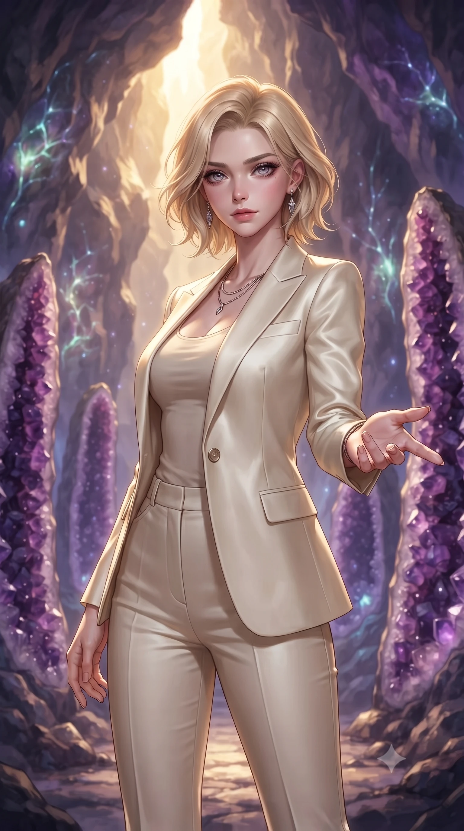 score_9, masterpiece, best quality, ultra-detailed, high-budget anime keyframe, editorial fashion photography, tasteful artistic composition, Caucasian woman. close-up cowboy shot from the waist and thighs up, the character dominates the composition, filling the frame with her large presence, background elements kept in soft focus. Reaching one hand gracefully toward the viewer with effortless superiority and allure standing inside a breathtaking cavern lined with massive amethyst geode pillars, bioluminescent opal veins pulsing softly in the surrounding stone walls. She has an exceptionally elegant, slender, and willowy female figure with an ultra-slim waist, a gracefully sculpted slender torso, and a refined silhouette. sharp v-shaped jawline, high-bridge nose, intricate jewel-like eyes with depth, thick eyelashes, glossy lips with a natural sheen. wearing a tailored cream silk blazer over a form-contouring scoop-neck top and fitted trousers, the form-contouring material highlighting her ultra-slim waist and long lines. lit by warm golden sunlight colliding with cool violet crystal illumination. ultra-reflective glossy finish, specular highlights, metallic sheen, high-contrast stereoscopic depth, volumetric dynamic lighting, 2k, ultra detail, master piece, 9:16 ratio