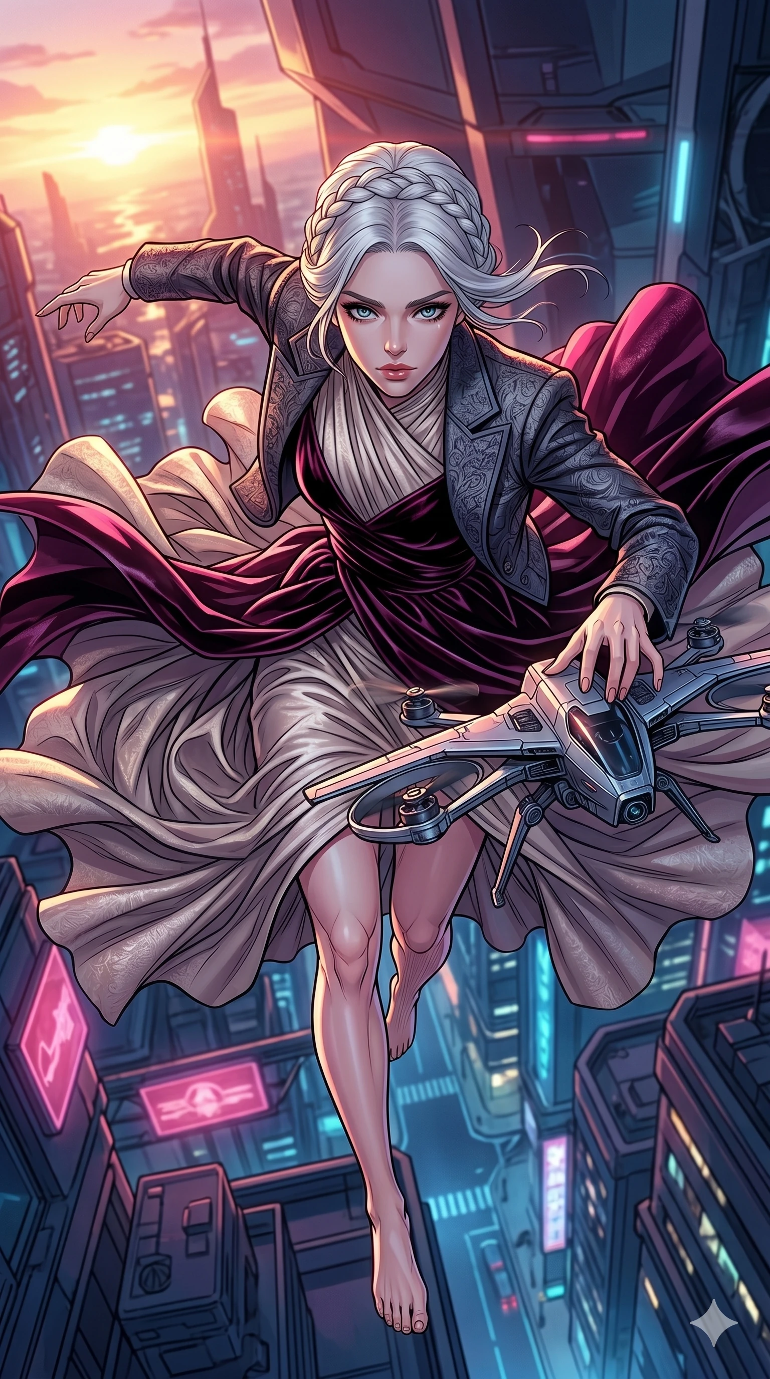 score_9, masterpiece, best quality, ultra-detailed, high-budget anime movie keyframe, cinematic anime lighting, intricate line art, Korean woman. Extreme high angle shot as she leaps towards the camera, filling the frame. reparing a drone's wings as it hovers in front of her. She has an graceful and slender female figure with elegant proportions. strictly human anatomy, two legs only, no extra limbs, clearly defined legs and arms, well-defined anatomy, perfect hands and fingers. sharp v-shaped jawline, high-bridge nose, intricate jewel-like eyes, thick eyelashes, glossy lips. Wearing High-Fashion Editorial: Sophisticated silk gown, elegant velvet dress, and a structured designer blazer. The scene is illuminated by dramatic atmospheric lighting and vibrant color palettes. , 2k, ultra detail, master piece, 9:16 ratio
