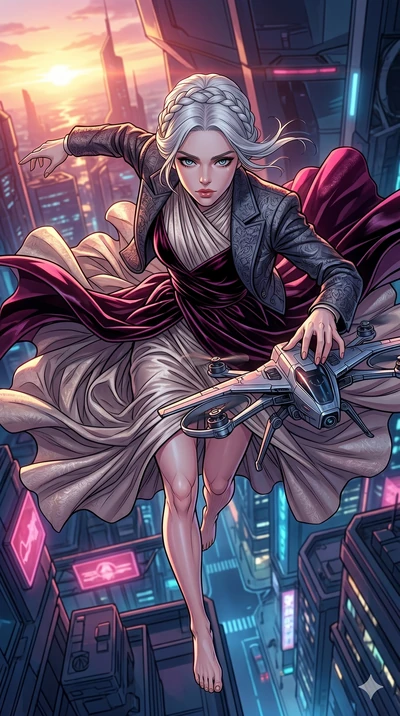 score_9, masterpiece, best quality, ultra-detailed, high-budget anime movie keyframe, cinematic anime lighting, intricate line art, Korean woman. Extreme high angle shot as she leaps towards the camera, filling the frame. reparing a drone's wings as 
