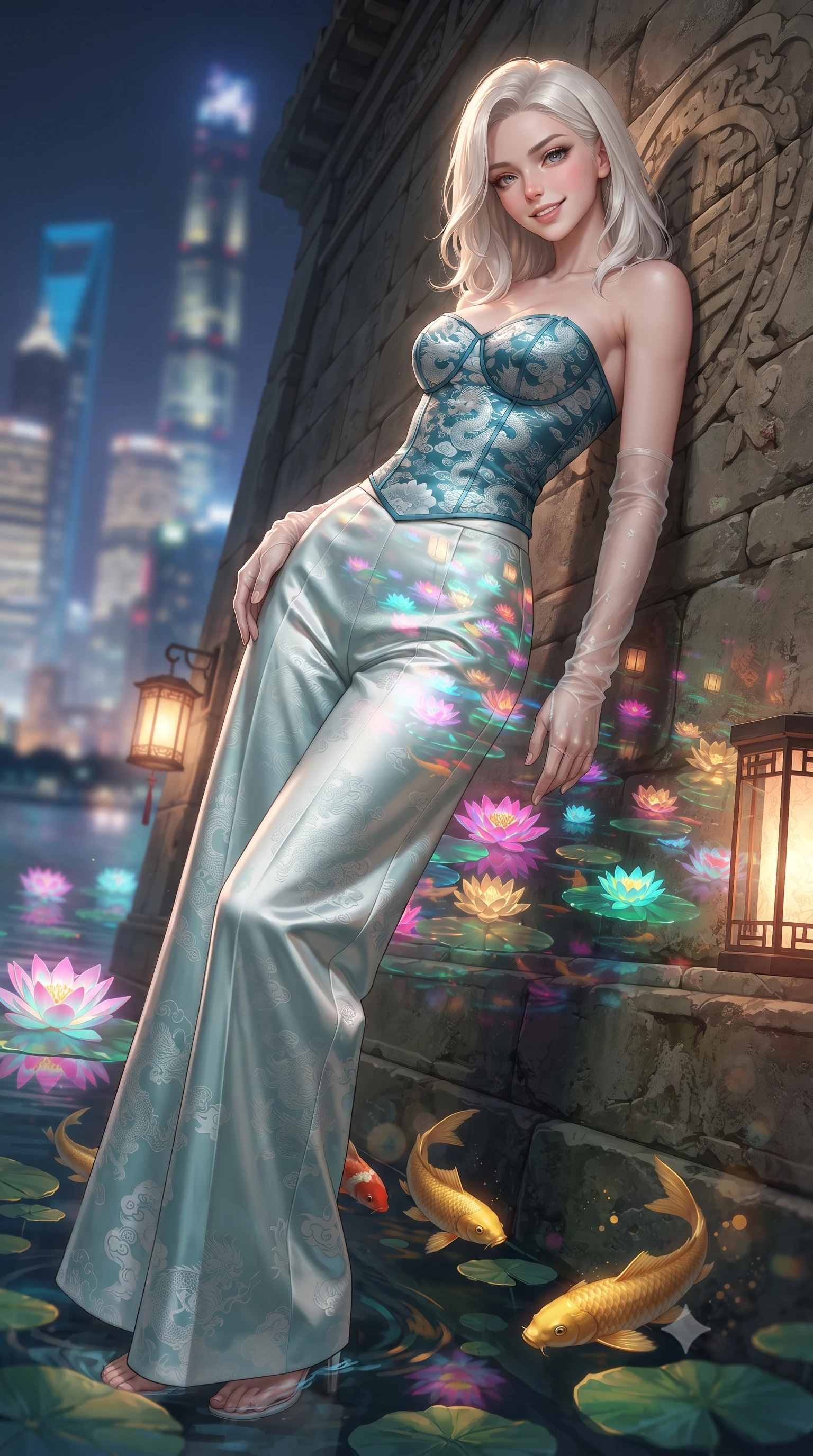 score_9, masterpiece, best quality, ultra-detailed, high-budget anime keyframe, editorial fashion photography, tasteful artistic composition, Caucasian woman. low angle full-body shot from head to toe showing her feet, filling the entire 9:16 vertical frame with her statuesque presence, stretching her vertical silhouette. leaning deep against the ancient temple wall with hips cocked back in an unapologetically alluring high-fashion stance, flashing a warm beaming smile while twisting her slender torso in an alluring S-curve, glowing neon water lilies and traditional lanterns casting colorful reflections across her hips. The background shows a soft-focus swimming golden koi fish beneath lotus pads and distant illuminated Shanghai skyscrapers softened in surreal fusion shallow focus. She has an absolutely perfect, statuesque 8.5-heads proportion, an exceptionally tall and slender model-like female figure with impossibly long slender legs, an ultra-slim waist, a flat toned midriff, narrow delicate ribcage, and beautifully sculpted feminine hips creating a graceful, slim hourglass silhouette without any bulky heaviness. sharp v-shaped jawline, high-bridge nose, intricate jewel-like dark sparkling almond eyes with depth, thick lashes, glossy parted lips with a natural rose-plum sheen, bright alluring and coquettish smile with bedroom-eyes, exuding both timeless oriental elegance and sovereign high-fashion allure, flawlessly proportioned anatomical accuracy, strict slender model proportions, natural body alignment, perfectly sculpted long slender limbs, ultra-slim waistline, clean dynamic posture without body distortion. wearing a strapless structured silk brocade bustier top paired with flowing wide-leg satin palazzo trousers cinched at the waist in pure celadon porcelain blue and cloud white, made of rich jacquard silk with intricate embossed dragon and cloud motifs, complemented by delicate sheer silk fingerless gloves reaching past her elbows, the high-waisted wrap tailoring accentuating her ultra-slim waistline and the enchanting curve of her feminine hips with alluring oriental charm. illuminated by pavilion floor light panels and sharp gold rim lights defining her razor-sharp jawline, narrow waist, and curvy hips. ultra-reflective glossy finish, specular highlights, rich textural contrasts, high-contrast stereoscopic depth, volumetric dynamic lighting, 2k, ultra detail, master piece, 9:16 ratio