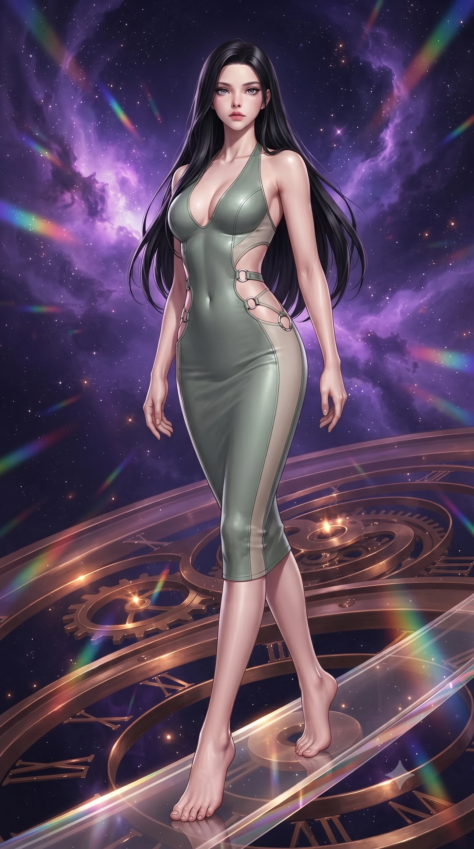 score_9, masterpiece, best quality, ultra-detailed, high-budget anime keyframe, editorial fashion photography, tasteful artistic composition, Korean woman. low angle full-body shot from head to toe showing her feet, filling the entire 9:16 vertical frame with her statuesque presence, stretching her vertical silhouette. pivoting dynamically in zero-gravity with fluid body alignment, displaying her perfect model proportions while balancing on a translucent clock springs bridge under a swirling violet nebula sky, intricate bronze clockwork springs reflecting warm starlight specular highlights. She has an absolutely perfect, statuesque 8.5-heads proportion, an exceptionally tall and slender model-like female figure with impossibly long slender legs and an ultra-slim waist. sharp v-shaped jawline, high-bridge nose, intricate jewel-like eyes with depth, thick eyelashes, glossy lips with a natural sheen, flawlessly proportioned anatomical accuracy, natural body alignment, perfectly sculpted elegant limbs, clean dynamic posture without body distortion. wearing a deep-scoop halter bodycon dress with hip cutouts connected by silver rings in sage green and oatmeal, formed from sleek second-skin neoprene, accented with delicate chrome ring hardware framing her waist, the sleek second-skin texture accentuating her magnetic presence. illuminated by cascading rainbow prismatic rays and rich metallic rim highlights. ultra-reflective glossy finish, specular highlights, metallic sheen, high-contrast stereoscopic depth, volumetric dynamic lighting, 2k, ultra detail, master piece, 9:16 ratio
