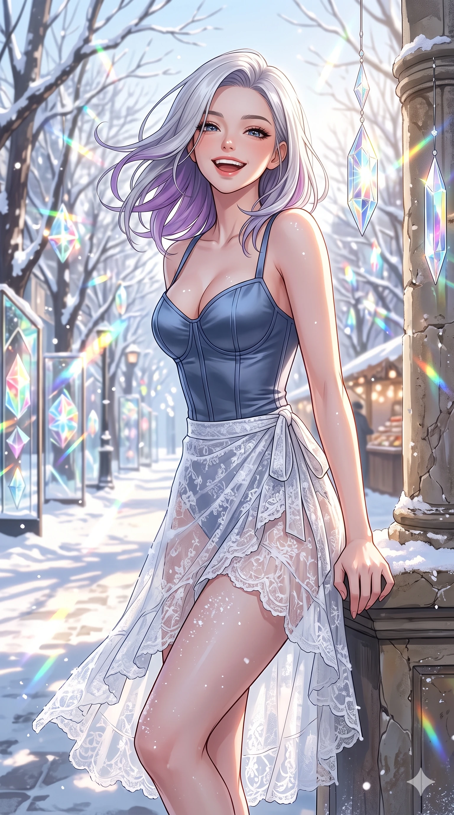 score_9, masterpiece, best quality, ultra-detailed, high-budget anime keyframe, vibrant anime aesthetic, Caucasian woman, strictly human ears. cowboy shot from the thighs up, character and outfit filling the frame for maximum presence. She is leaning against a stone pillar, casting a bright, wind-swept winter laugh at the lens by a winter light festival street in the sun (Code-P21-130). She has an absolutely perfect 8-heads proportion, an exceptionally tall and slender female figure with impossibly long slender legs and an ultra-slim waist. V-shaped jawline, high-bridge nose, intricate jewel-like eyes with depth, thick eyelashes, glossy lips with a natural sheen. wearing a structured satin corset showing her cleavage, paired with a sheer lace wrap skirt in snow. She is bathed in bright morning sun reflecting off the glass panels, creating a glowing winter aura. 2k, ultra detail, master piece, 9:16 ratio