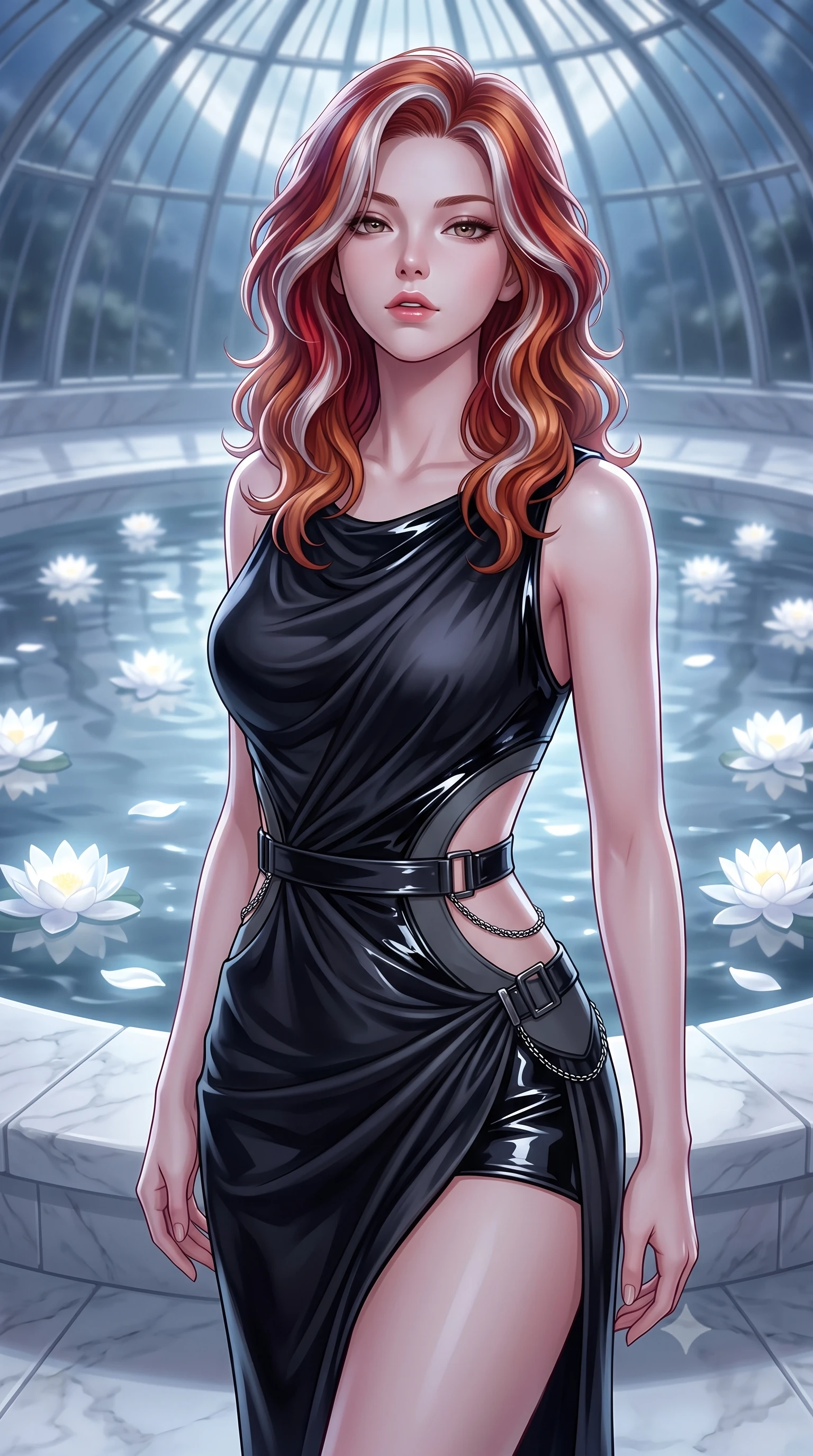 score_9, masterpiece, best quality, ultra-detailed, high-budget anime keyframe, editorial fashion photography, tasteful artistic composition, Caucasian woman. close-up cowboy shot from the waist and thighs up, the character dominates the composition, filling the frame with her large presence, background elements kept in soft focus. Tilting her chin up slightly with lips parted in a composed, magnetic expression, standing beside a white marble pool floating with white lotus blossoms under a glass dome, floating white lotus petals emitting a subtle ghostly white glow. She has an exceptionally elegant, slender, and willowy female figure with an ultra-slim waist, a gracefully sculpted slender torso, and a refined silhouette. sharp v-shaped jawline, high-bridge nose, intricate jewel-like eyes with depth, thick eyelashes, glossy lips with a natural sheen. wearing draped obsidian silk gown featuring tasteful waist slit cutouts in dark charcoal gray, made of high-gloss liquid vinyl, framed by dark titanium buckles and silver chain details, highlighting her statuesque proportions and ultra-slim waistline. surrounded by a serene moonlit aura with sharp silver rim lights. highly saturated vibrant anime colors, detailed shading with soft gradients, rich glossy textures, high-contrast stereoscopic depth, volumetric dynamic lighting, master piece, 9:16 ratio