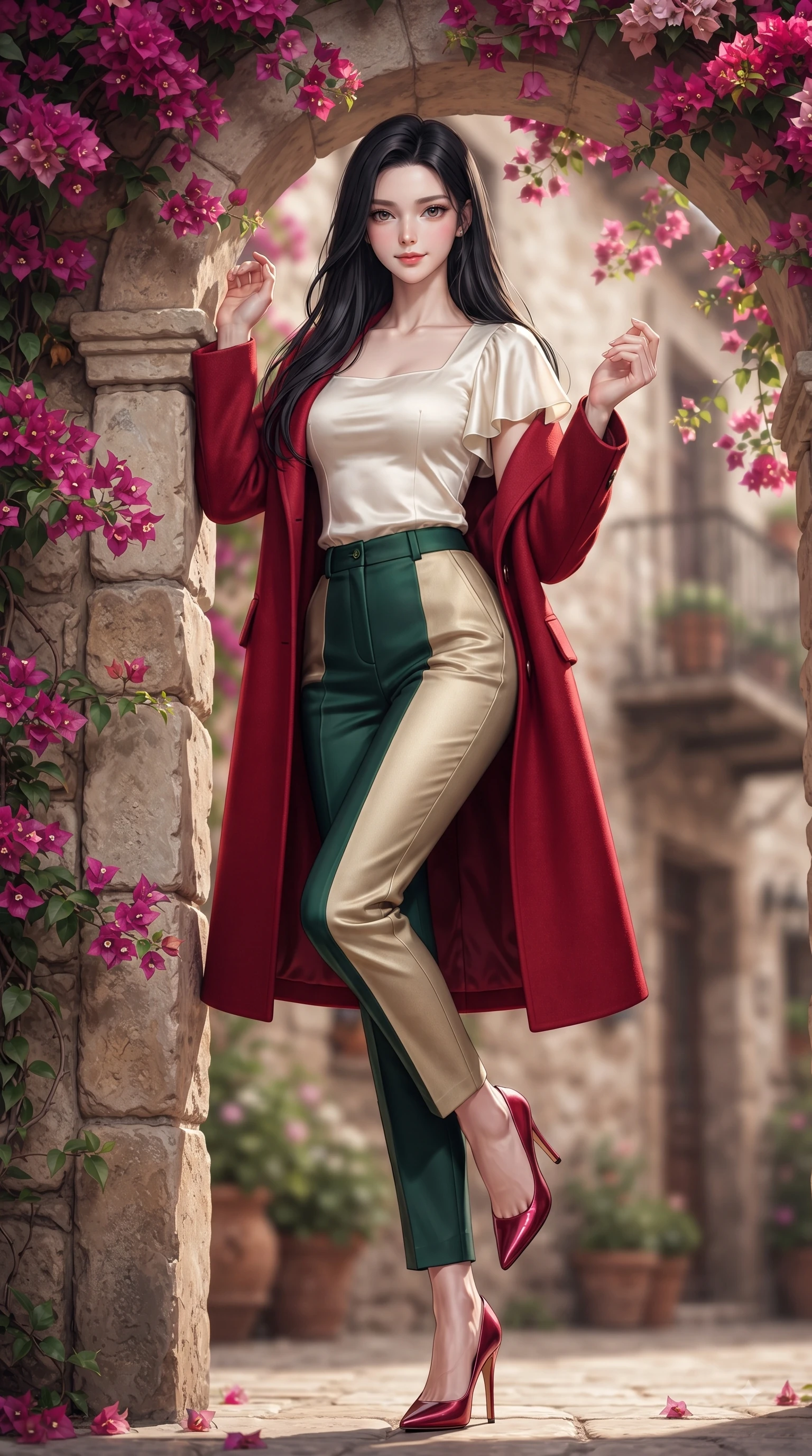 score_9, masterpiece, best quality, ultra-detailed, high-budget anime keyframe, editorial fashion photography, tasteful artistic composition, Korean woman. low angle full-body shot from head to toe showing her feet, filling the entire 9:16 vertical frame with her statuesque presence, stretching her vertical silhouette. Airy, translucent innocence with a soft subtle smile and a clear, pristine gaze into the lens while leaning against a classic stone archway framed by trailing bougainvillea flowers. The composition keeps background elements in soft focus with dreamy bokeh. rustic European balconies blurring smoothly behind her high-fashion silhouette. She has an absolutely perfect, statuesque 8.5-heads proportion, an exceptionally tall and slender model-like female figure with impossibly long slender legs and an ultra-slim waist. sharp v-shaped jawline, high-bridge nose, intricate jewel-like eyes with depth, thick eyelashes, glossy lips with a natural sheen, flawlessly proportioned anatomical accuracy, natural body alignment, perfectly sculpted elegant limbs, clean dynamic posture without body distortion. wearing a tailored crimson red wool coat over a fitted ivory silk top and tailored trousers in deep emerald green and champagne gold, woven from fine lightweight chiffon fluttering gracefully, featuring elegant flutter sleeves and a graceful square neckline, the form-contouring material accentuating her ultra-slim waist and long lines. illuminated by high-contrast directional key light and warm ambient reflections. ultra-reflective glossy finish, specular highlights, metallic sheen, high-contrast stereoscopic depth, volumetric dynamic lighting, 2k, ultra detail, master piece, 9:16 ratio