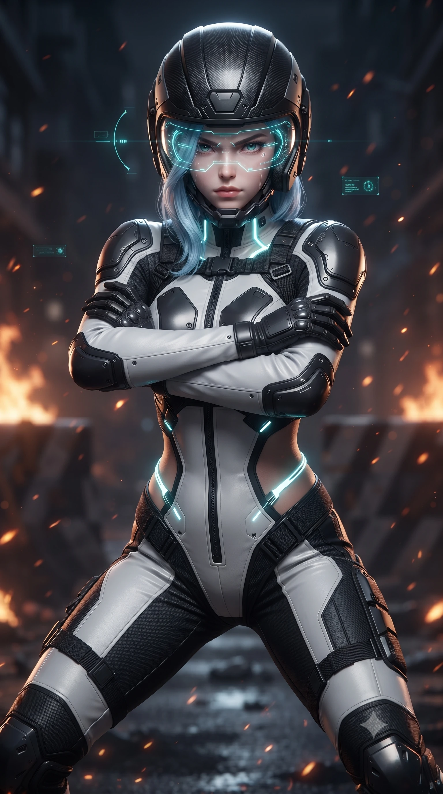 score_9, masterpiece, best quality, ultra-detailed, high-budget anime keyframe, editorial fashion photography, tasteful artistic composition, Korean woman. close-up cowboy shot from the waist and thighs up, the character dominates the composition, filling the frame with her large presence. shifting into a low cat-stance with arms crossed defensively, glowing energy conduits tracing her ultra-slim waist and sculpted clavicle while charging forward through a burning street barricade as holographic tactical goggles cast glowing cyan reticles across her brow. The composition keeps background elements in soft focus with creamy bokeh. drifting fire embers and holographic HUD motes scattering radiant glints across a dark urban warzone. She has an exceptionally elegant, slender, and willowy female figure with an ultra-slim waist, a gracefully sculpted slender torso, toned flat midriff, and a refined slim silhouette. sharp v-shaped jawline, high-bridge nose, intricate jewel-like eyes with depth, thick eyelashes, glossy lips with a natural sheen, fierce and resolute heroine expression, flawlessly proportioned anatomical accuracy, strict slender model proportions, natural body alignment, perfectly sculpted long slender limbs, ultra-slim waistline, clean dynamic posture without body distortion. wearing an open-face aerodynamic carbon-fiber combat helmet with a retracted transparent holographic HUD visor framing her sharp jawline and jewel-like eyes, paired with a tailored tactical combat jumpsuit with an open-back harness design, reinforced composite breastplate, and high-mobility elbow dampers in monochrome white enamel carbon with high-contrast black tactical panels, made of liquid carbon-jersey fabric accentuating every curve of her tall, slender model proportions, finished with high-mobility flexible armor articulation seams and miniature magnetic locks, the precision-cut daring openings accentuating her delicate midriff, graceful bare collarbones, and ultra-slim feminine waistline. illuminated by crisp white key lighting with sharp specular highlights tracing her slender athletic build. ultra-reflective glossy finish, specular highlights, dark metallic sheen, high-contrast stereoscopic depth, volumetric dynamic lighting, 2k, ultra detail, master piece, 9:16 ratio