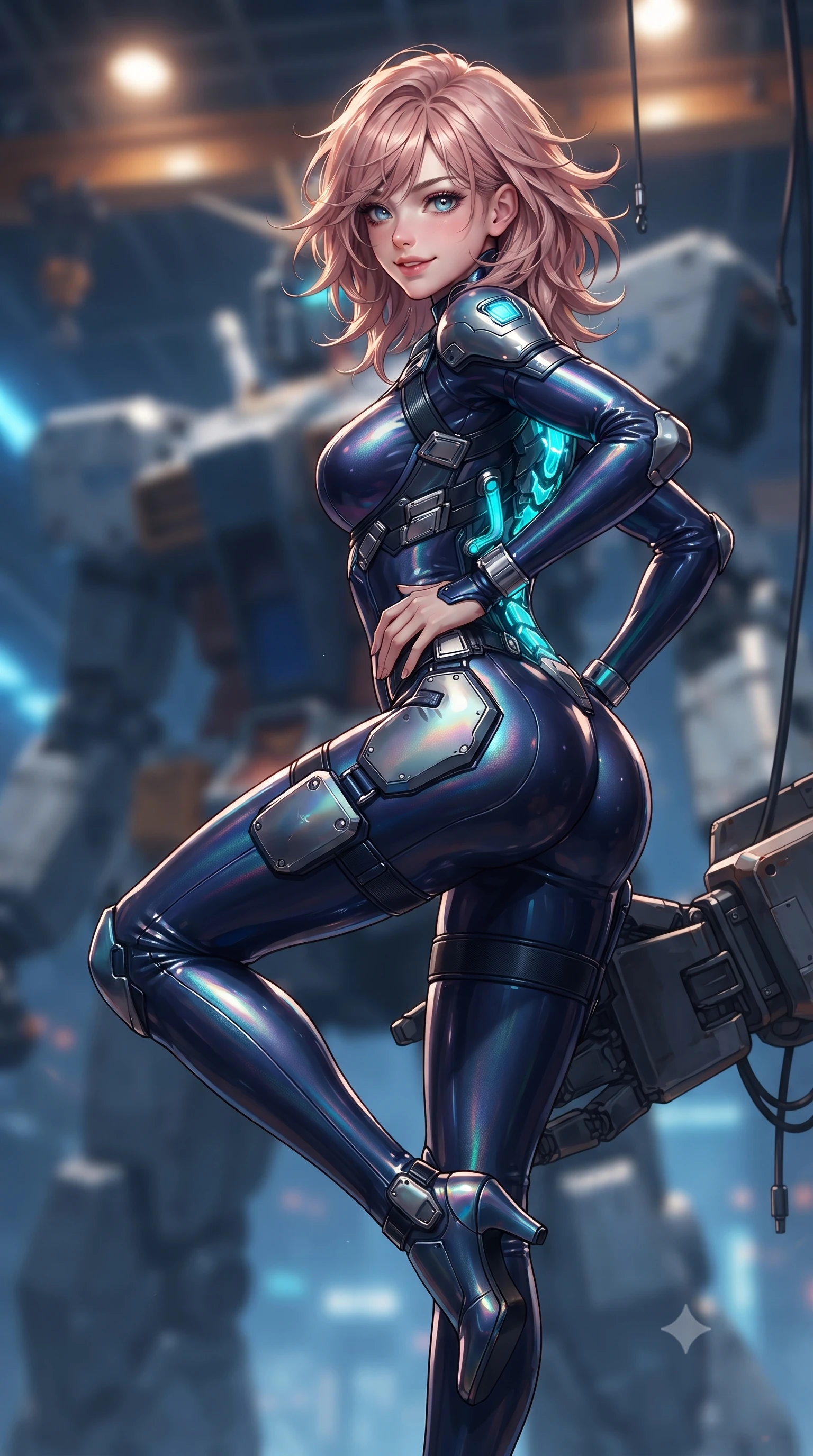 score_9, masterpiece, best quality, ultra-detailed, high-budget anime keyframe, editorial fashion photography, tasteful artistic composition, Japanese woman. close-up cowboy shot from the waist and thighs up, the character dominates the composition, filling the frame with her large presence. twisting her slender torso in an alluring contrapposto stance, one hand resting on her sculpted hip armor while glancing back with effortless sovereign poise while perching on the arm of a colossal suspended humanoid mech frame, arching her lower back with a playful, confident smile and bedroom-eyes. The background shows a soft-focus the colossal 50-meter steel mech skeleton and soaring hangar crane trusses blurred into industrial gunmetal, amber, and welding blue bokeh. She has an exceptionally elegant, slender, and willowy female figure with an ultra-slim waist, flat toned midriff, narrow ribcage, and sculpted feminine hips creating an alluring, slim hourglass silhouette without bulk. sharp v-shaped jawline, high-bridge nose, intricate jewel-like sparkling eyes with depth, thick eyelashes, glossy parted lips with a natural sheen, bright confident smile with an enchanting and coquettish sensual glint, exuding both youthful magnetic charm and sovereign high-tech allure, flawlessly proportioned anatomical accuracy, strict slender model proportions, natural body alignment, perfectly sculpted long slender limbs, ultra-slim waistline, clean dynamic posture without body distortion. wearing a form-contouring exo-suit chassis with glowing cyan hydraulic spine braces worn over an ultra-slim bodysuit in midnight navy blue and holographic iridescent shimmer, tailored from ultra-reflective glossy liquid vinyl with mirror-like specular highlights, finished with polished chrome buckle hardware and modular magnetic holster clasps, the aerodynamic second-skin silhouette tightly following the natural contour of her hips and long slender legs with youthful 8.5-heads elegance. bathed in high-intensity arc-welding blue light pulses contrasting with warm halogen overhead lamps. ultra-reflective glossy finish, specular highlights, rich textural contrasts, high-contrast stereoscopic depth, volumetric dynamic lighting, 2k, ultra detail, master piece, 9:16 ratio