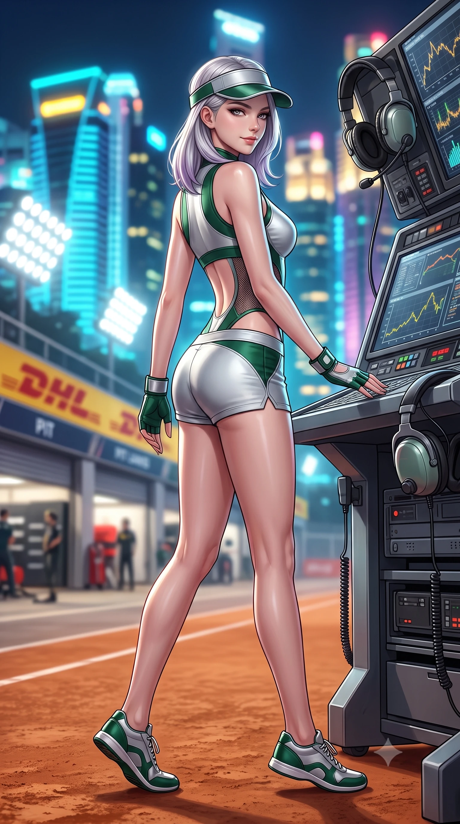 score_9, masterpiece, best quality, ultra-detailed, high-budget anime keyframe, semi-realistic 3D game render, editorial fashion photography, tasteful artistic composition, Caucasian woman. low angle full-body shot from head to toe showing her feet, filling the entire 9:16 vertical frame with her statuesque presence, stretching her vertical silhouette. walking slowly along the clay court baseline, looking back over her shoulder with an air of effortless grace and an alluring, smoldering smile while leaning against the team telemetry console with hips cocked back, looking into the lens with an intoxicating, smoldering gaze amidst headset equipment. The background shows a soft-focus the dazzling high-intensity track floodlights, roaring pit lane garages, and futuristic Singapore skyline blurred into electric cyan, gold, and magenta bokeh. She has an absolutely perfect, statuesque 8.5-heads proportion, an exceptionally tall and slender model-like female figure with impossibly long slender legs, an ultra-slim waist, a flat toned midriff, narrow delicate ribcage, and beautifully sculpted feminine hips creating a graceful, slim hourglass silhouette without any bulky heaviness. sharp v-shaped jawline, high-bridge nose, sparkling eyes with athletic focus and depth, thick curled eyelashes, glossy parted lips with a natural coral-peach sheen, bright confident and coquettish smile with alluring bedroom-eyes, exuding both youthful sporty vigor and sovereign high-society glamour, flawlessly proportioned anatomical accuracy, strict slender model proportions, natural body alignment, perfectly sculpted long slender limbs, ultra-slim waistline, clean dynamic posture without body distortion. wearing a cut-out racing bodysuit with side-torso mesh inserts and low-rise tailored tennis shorts in alpine silver platinum and forest green, made of smooth liquid-tight stretch jersey emphasizing every curve of her body, accented with a sporty retro tennis visor and fingerless leather driving gloves, the form-contouring athletic cut accentuating her sculpted flat midriff, narrow delicate ribcage, and gracefully curvy hips with supermodel precision. illuminated by telemetry screen bounce and sharp platinum rim lights carving her razor-sharp jawline, narrow waist, and curvy hips. highly saturated vibrant anime colors, detailed shading with soft gradients, rich glossy textures, high-contrast stereoscopic depth, volumetric dynamic lighting, master piece, 9:16 ratio