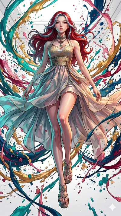 score_9, masterpiece, best quality, ultra-detailed, high-budget anime keyframe, Caucasian woman, strictly human ears. low angle full-body shot filling the entire 9:16 frame with her statuesque presence, stretching the vertical silhouette. leaping int