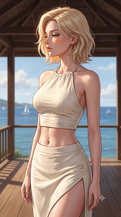 score_9, masterpiece, best quality, ultra-detailed, high-budget anime keyframe, editorial fashion photography, tasteful artistic composition, Caucasian woman woman. close-up cowboy shot from the waist and thighs up, the character dominates the compos
