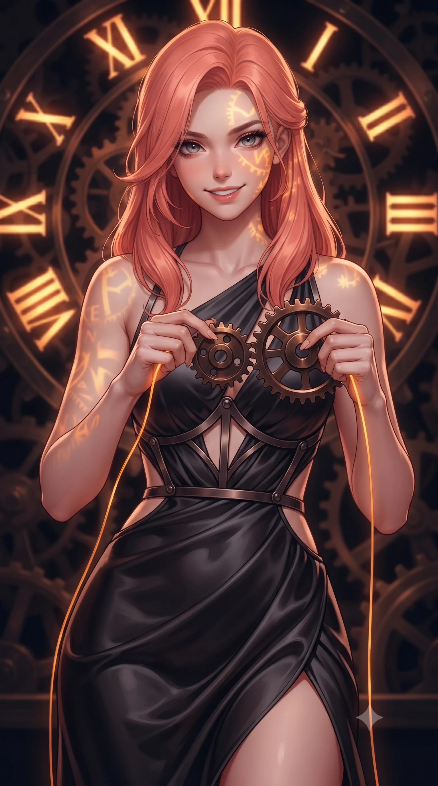 score_9, masterpiece, best quality, ultra-detailed, high-budget anime keyframe, editorial fashion photography, tasteful artistic composition, Japanese woman. close-up cowboy shot from the waist and thighs up, the character dominates the composition, filling the frame with her large presence, background elements kept in soft focus. Smiling with quiet, magnetic self-assurance directly into the camera, threading glowing amber clock wires through dark bronze mechanical sprockets, glowing amber Roman numerals casting warm light across her face. She has an exceptionally elegant, slender, and willowy female figure with an ultra-slim waist, a gracefully sculpted slender torso, and a refined silhouette. sharp v-shaped jawline, high-bridge nose, intricate jewel-like eyes with depth, thick eyelashes, glossy lips with a natural sheen. wearing draped obsidian silk gown featuring tasteful waist slit cutouts in obsidian black, made of soft dark satin, highlighted by a gunmetal metallic harness structure, accentuating her gracefully sculpted slender torso. surrounded by moody gear shadows and sharp mechanical edge lighting. highly saturated vibrant anime colors, detailed shading with soft gradients, rich glossy textures, high-contrast stereoscopic depth, volumetric dynamic lighting, master piece, 9:16 ratio
