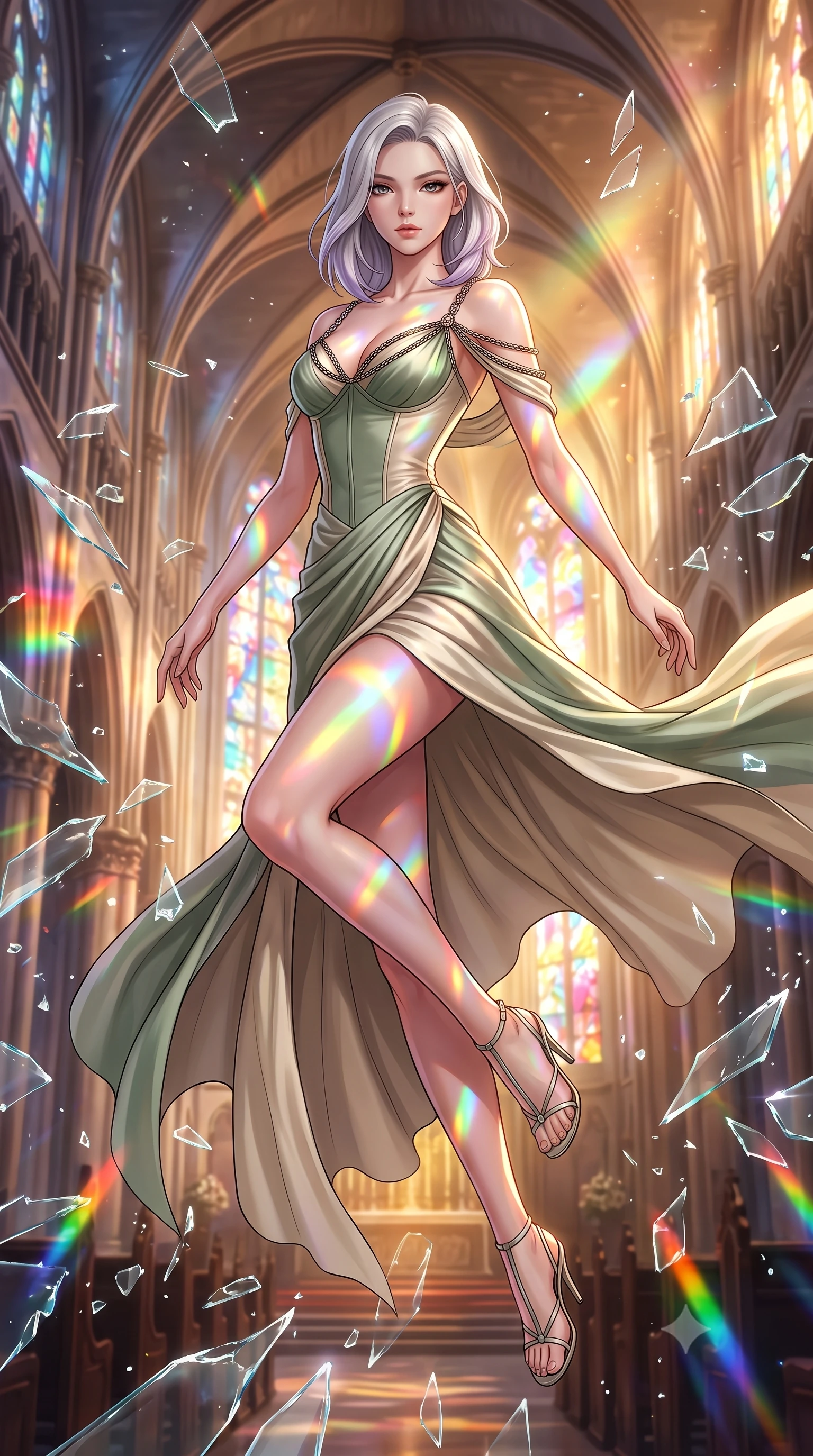 score_9, masterpiece, best quality, ultra-detailed, high-budget anime keyframe, editorial fashion photography, tasteful artistic composition, Caucasian woman. low angle full-body shot from head to toe showing her feet, filling the entire 9:16 vertical frame with her statuesque presence, stretching her vertical silhouette. leaping gracefully through the environment with statuesque elegance and long slender legs leaping through shattered liquid glass fragments in a illuminated cathedral, vibrant rainbow light patterns projected across her skin and costume. She has an absolutely perfect, statuesque 8.5-heads proportion, an exceptionally tall and slender model-like female figure with impossibly long slender legs and an ultra-slim waist. sharp v-shaped jawline, high-bridge nose, intricate jewel-like eyes with depth, thick eyelashes, glossy lips with a natural sheen. wearing a modern fusion silk hanbok dress with a structured bodice in sage green and oatmeal, crafted from smooth liquid silk, adorned with delicate metallic chain straps along the neckline, the elegant draped fit framing her graceful clavicle and slender torso. illuminated by a warm golden key light and brilliant multi-color rim light. highly saturated vibrant anime colors, detailed shading with soft gradients, rich glossy textures, high-contrast stereoscopic depth, volumetric dynamic lighting, master piece, 9:16 ratio